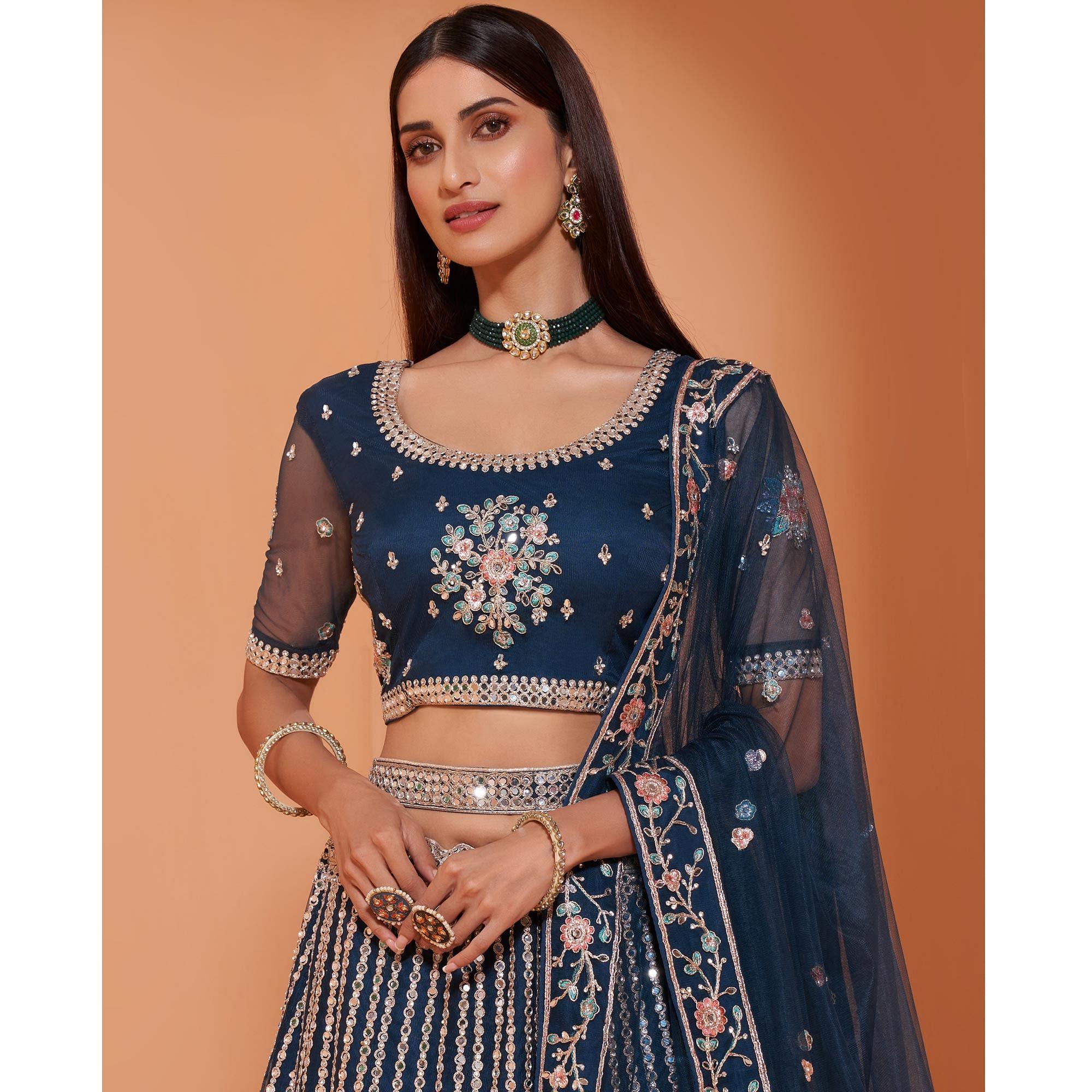 Prussian Blue Partywear Floral Embroidered Embellished Net Lehenga Choli - Peachmode