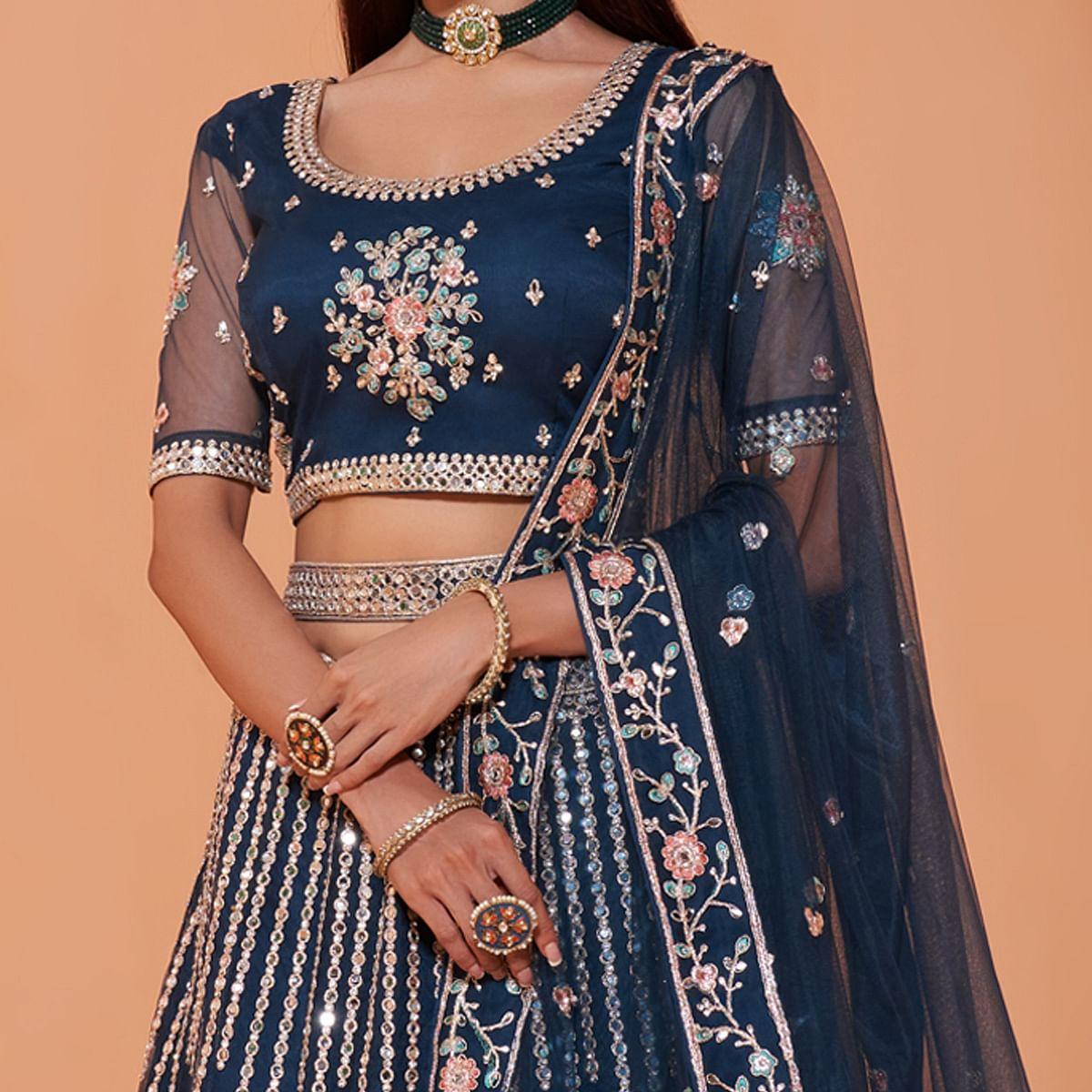 Prussian Blue Partywear Floral Embroidered Embellished Net Lehenga Choli - Peachmode