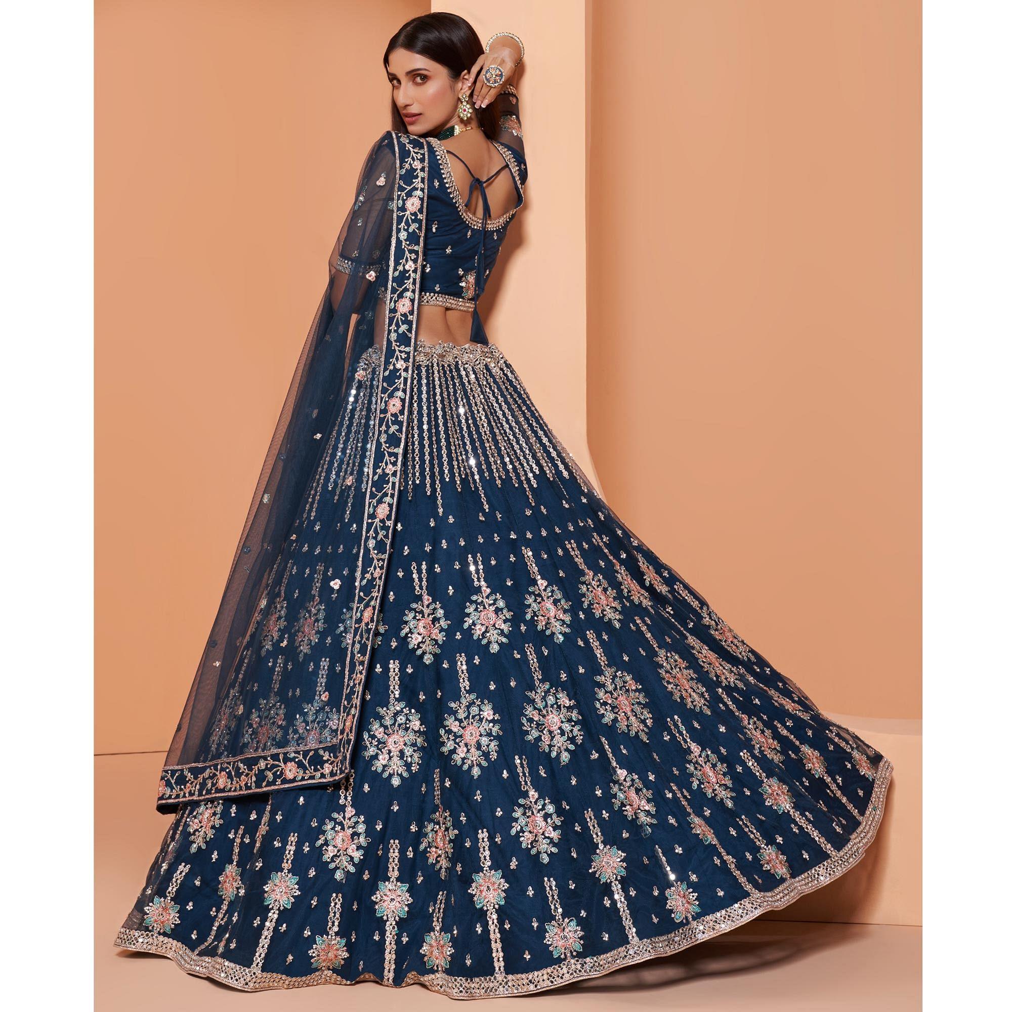 Prussian Blue Partywear Floral Embroidered Embellished Net Lehenga Choli - Peachmode