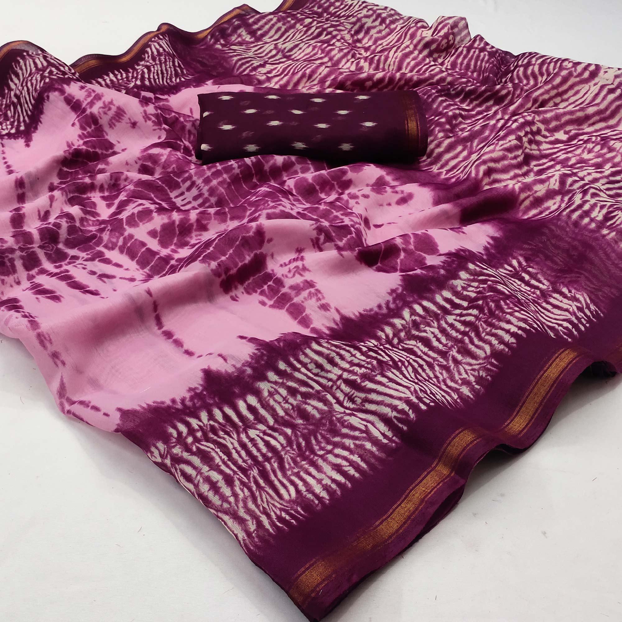 Purple Abstract Printed Cotton Blend Saree - Peachmode