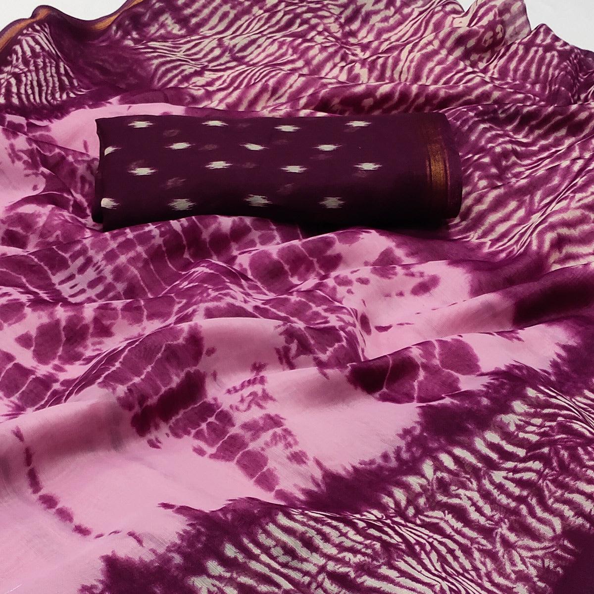 Purple Abstract Printed Cotton Blend Saree - Peachmode