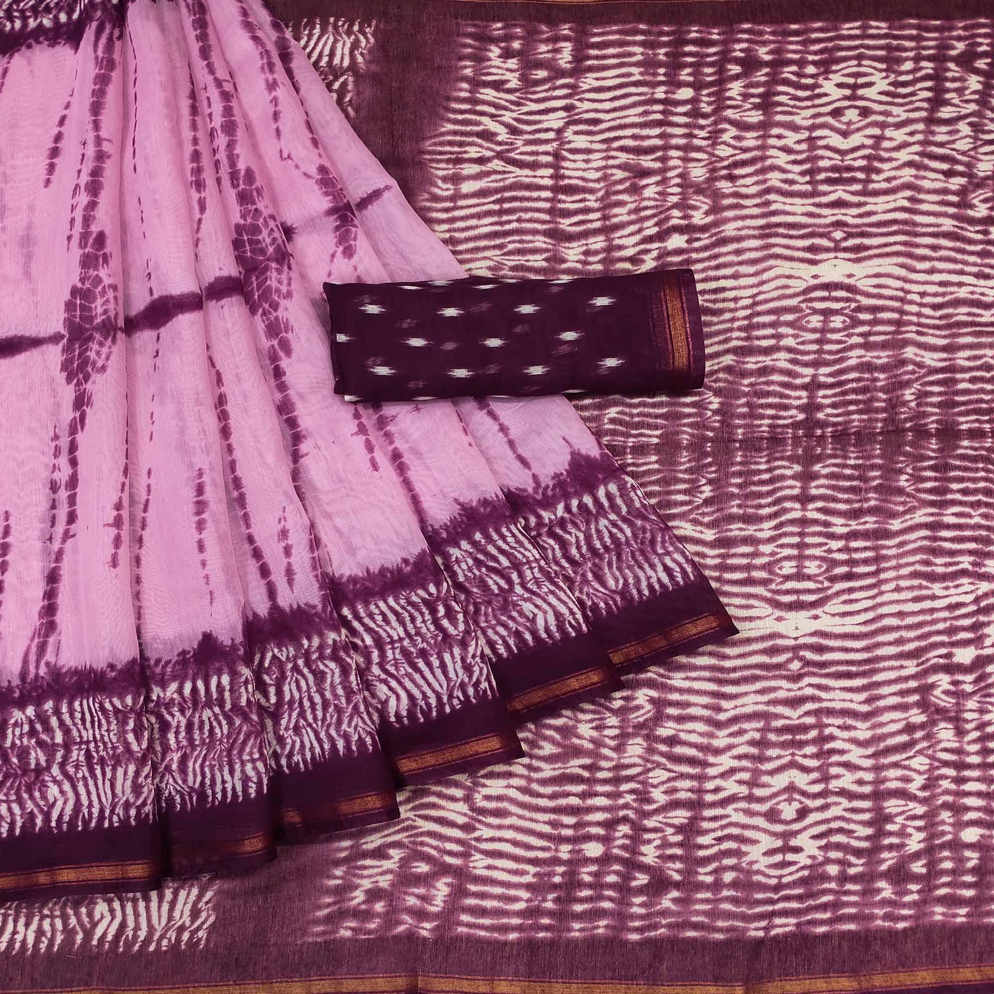 Purple Abstract Printed Cotton Blend Saree - Peachmode