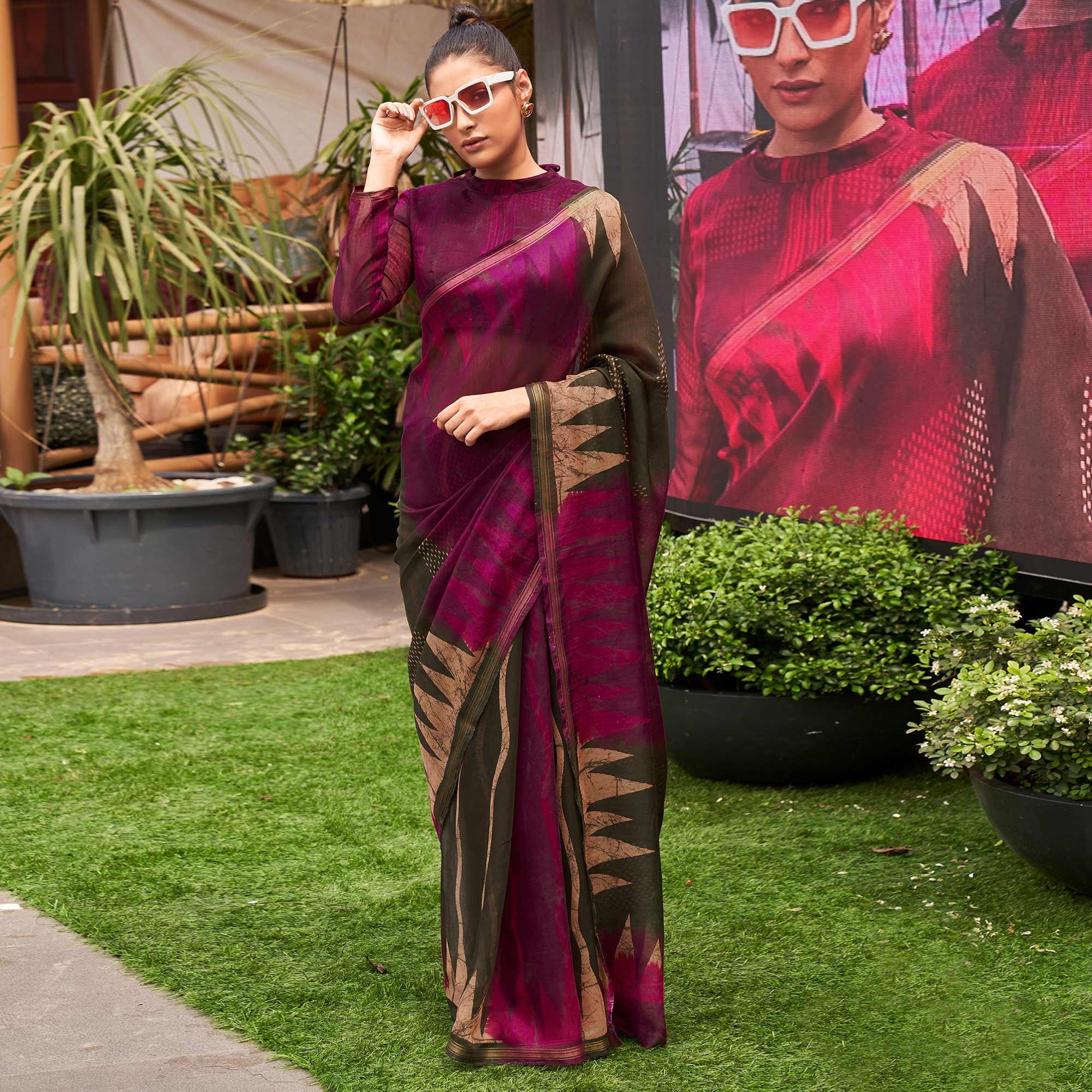 Purple & Green Casual Wear Printed Linen Saree - Peachmode