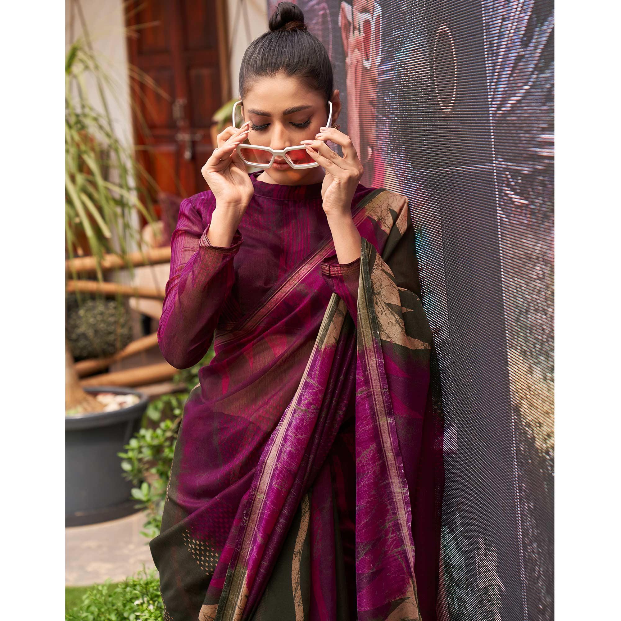 Purple & Green Casual Wear Printed Linen Saree - Peachmode