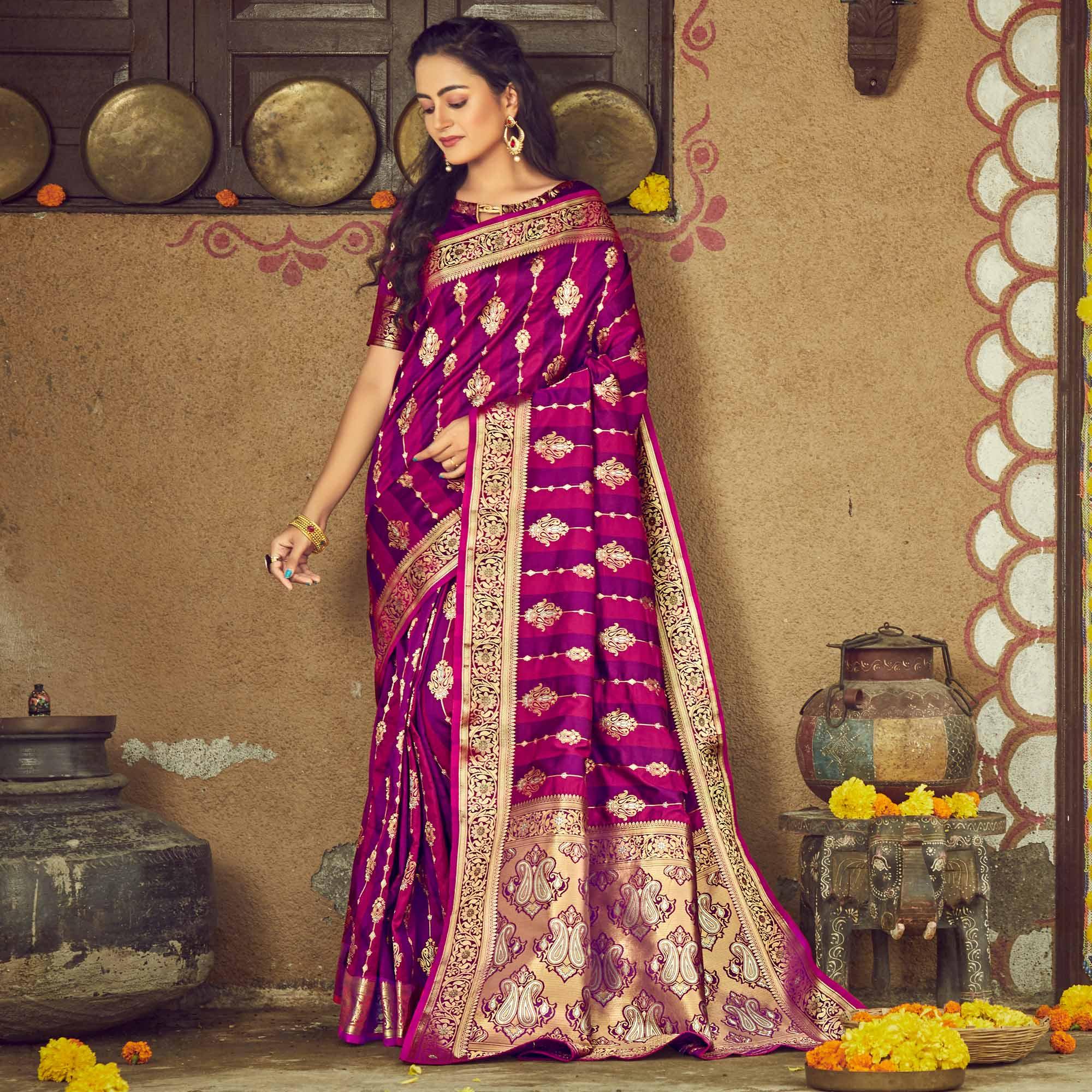 Purple & Pink Festive Wear Woven Handloom Silk Saree - Peachmode