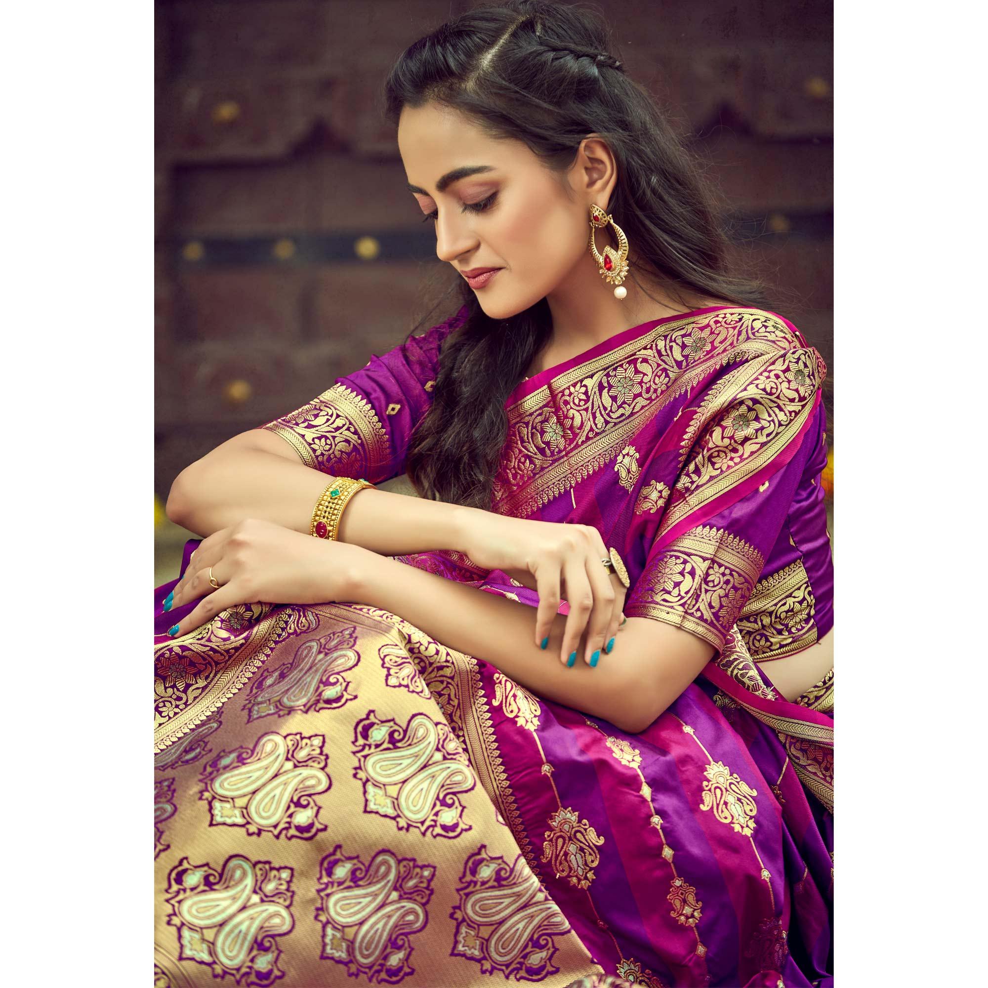 Purple & Pink Festive Wear Woven Handloom Silk Saree - Peachmode