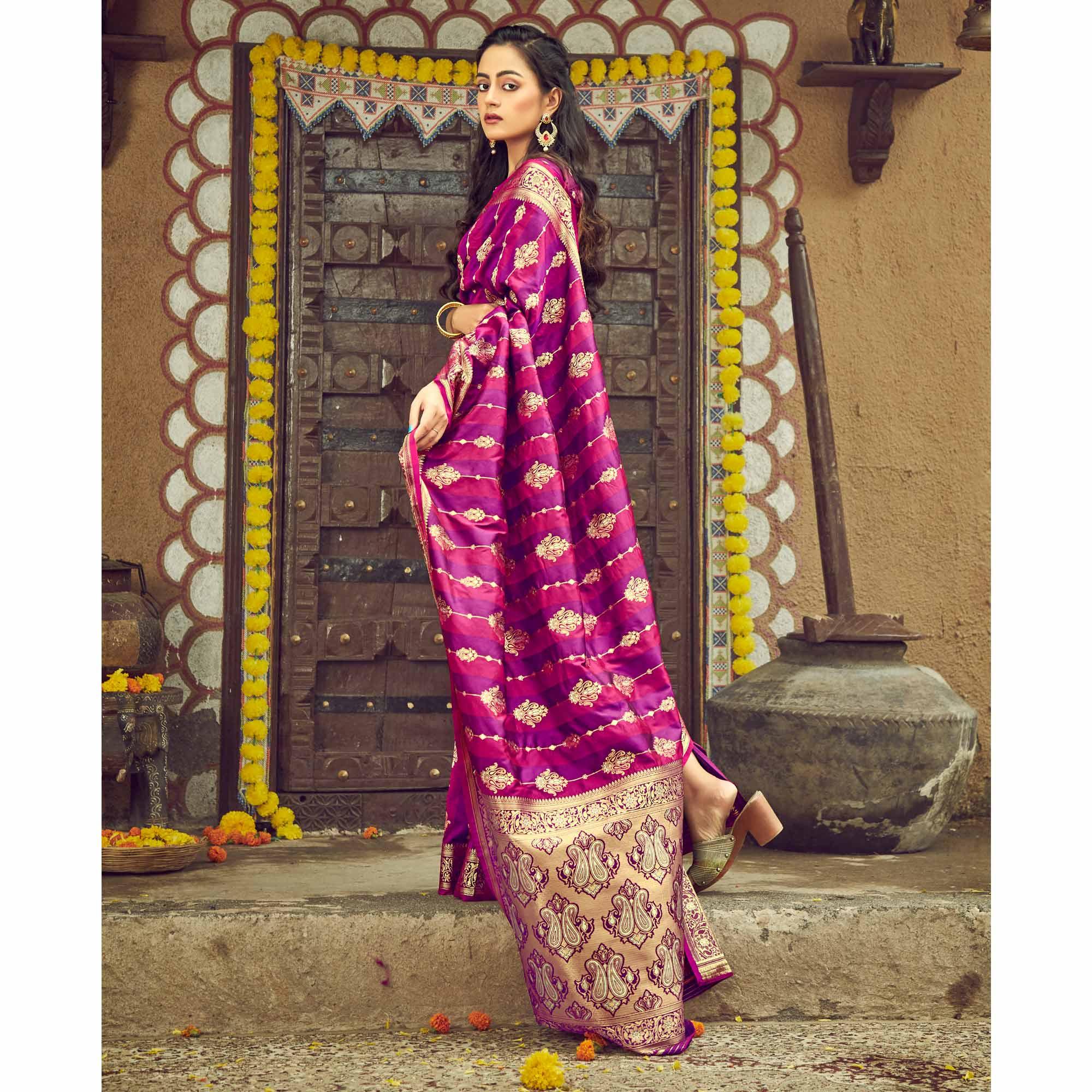 Purple & Pink Festive Wear Woven Handloom Silk Saree - Peachmode