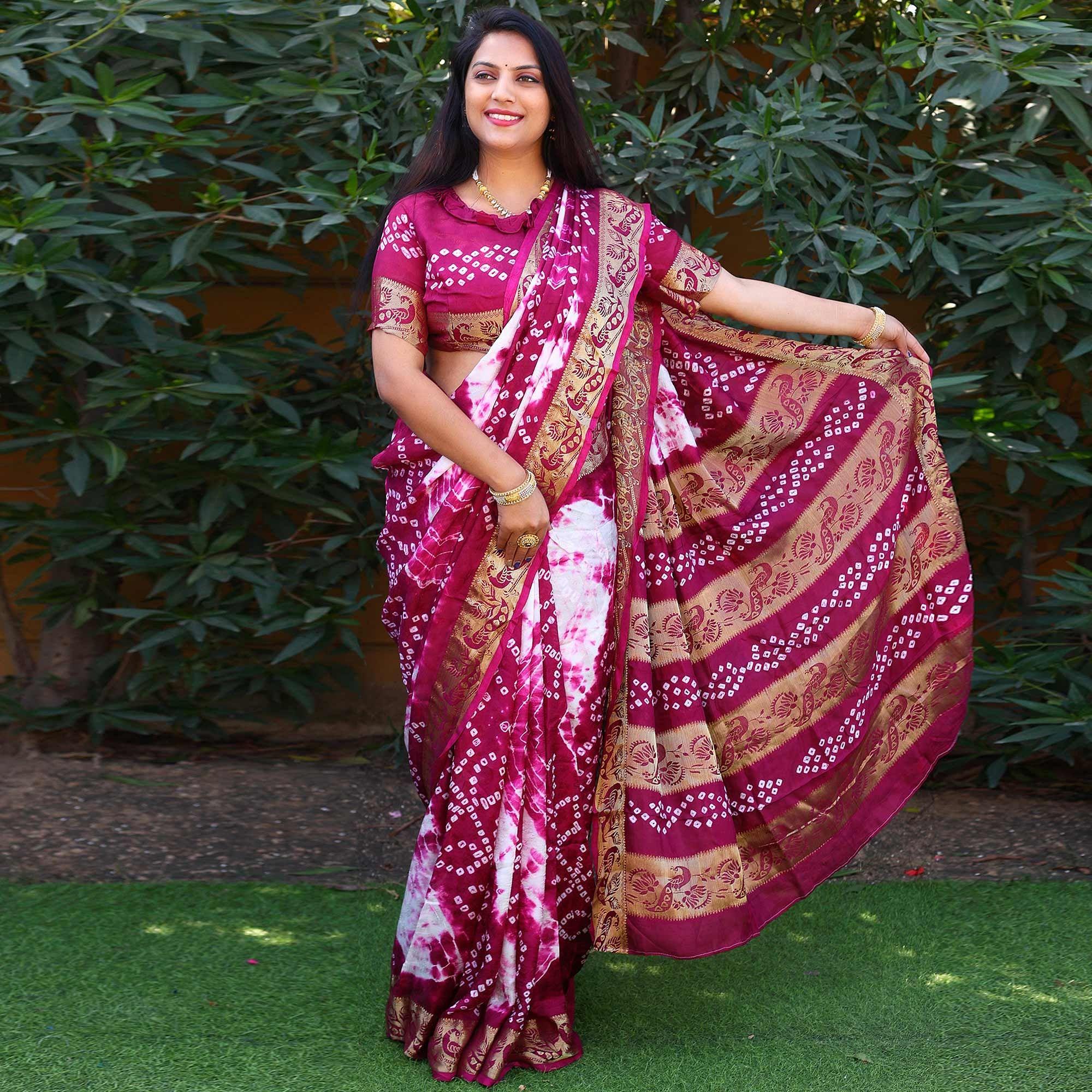 Purple Bandhani Printed Art Silk Saree - Peachmode