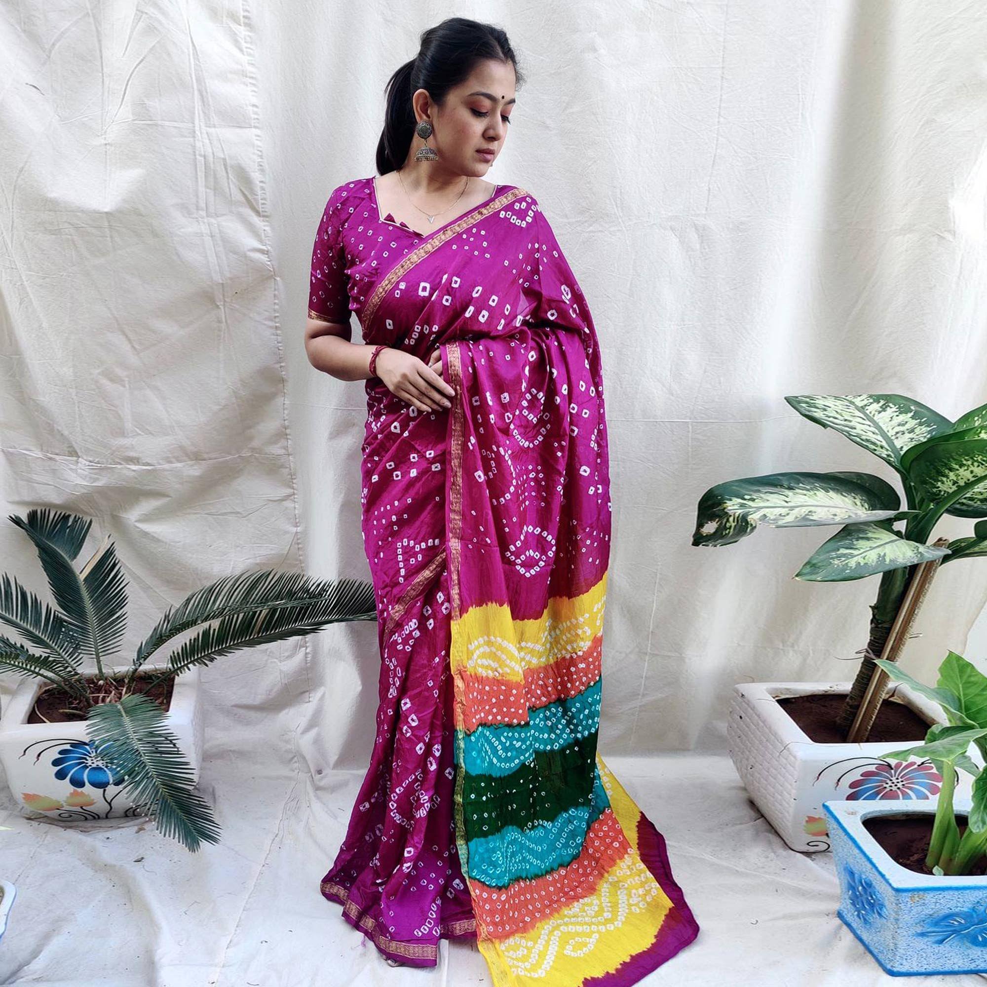 Purple Bandhani Printed Art Silk Saree - Peachmode