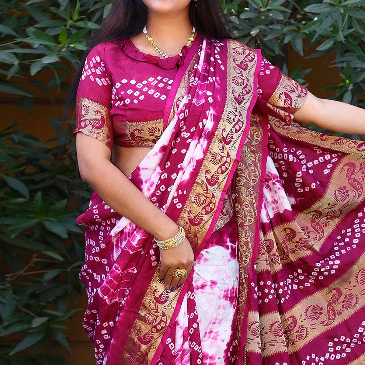 Purple Bandhani Printed Art Silk Saree - Peachmode