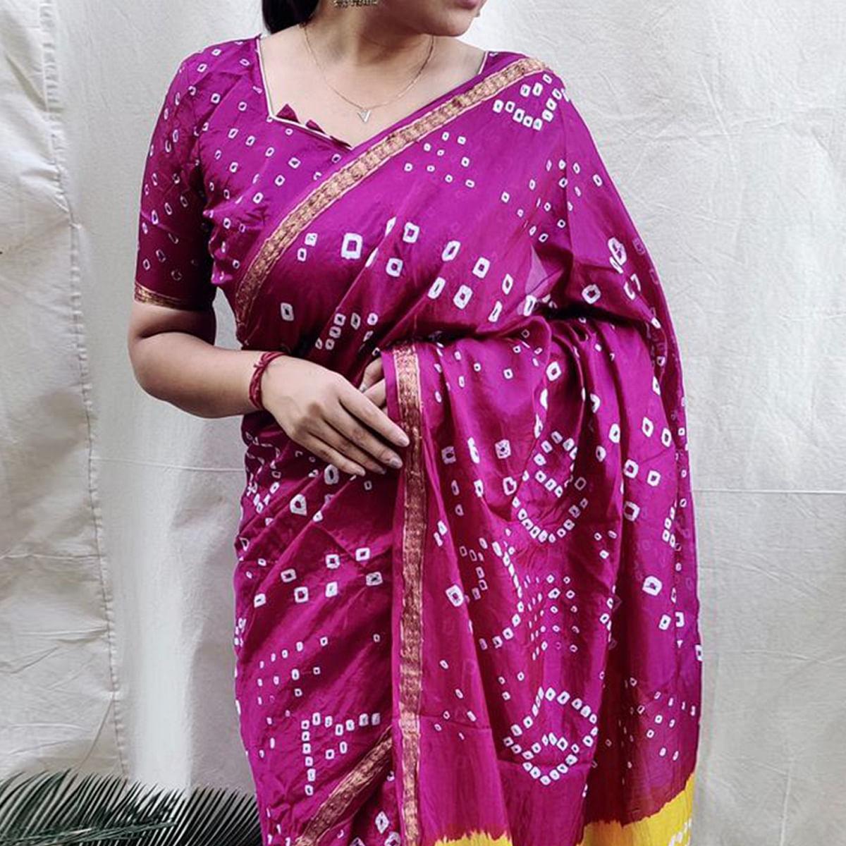 Purple Bandhani Printed Art Silk Saree - Peachmode