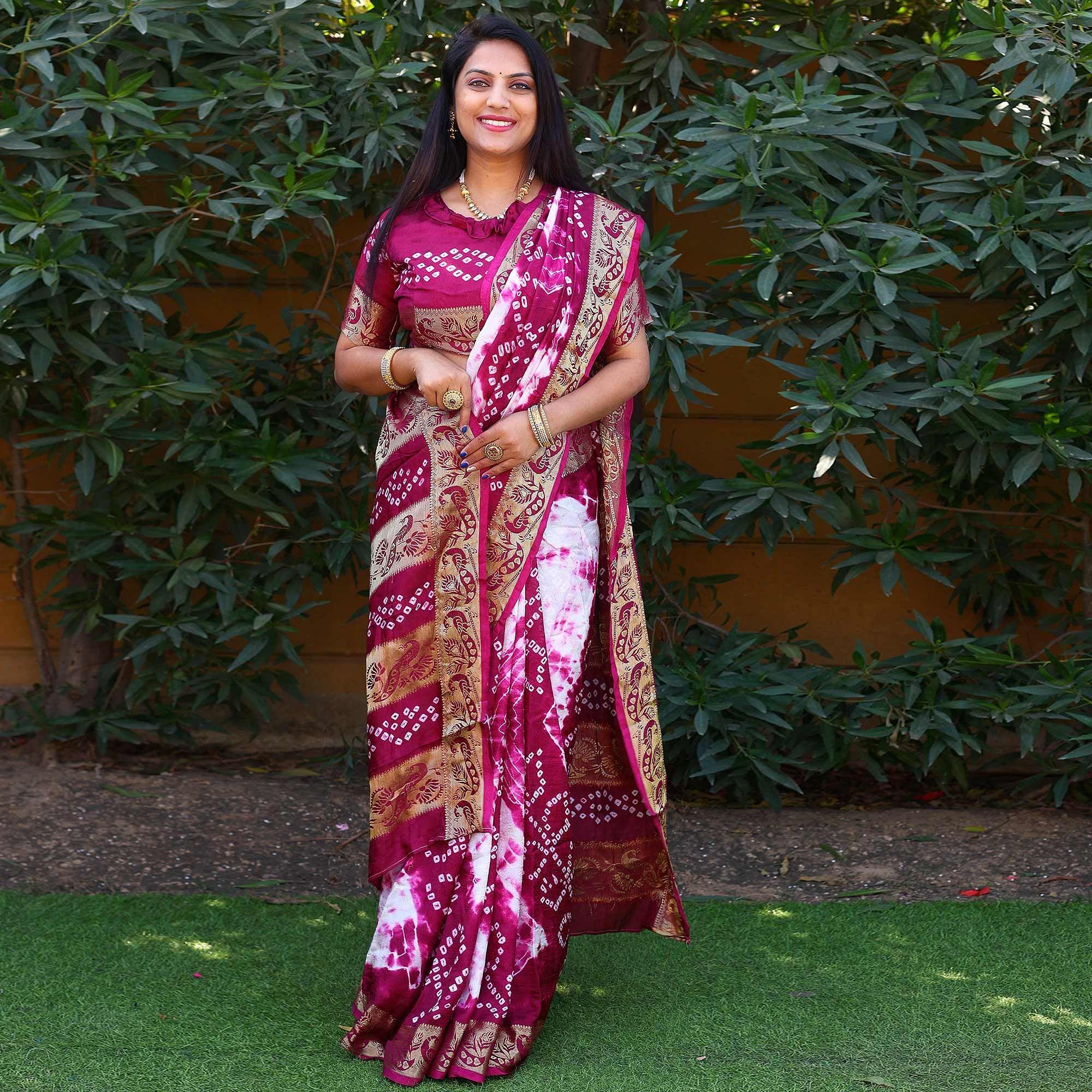 Purple Bandhani Printed Art Silk Saree - Peachmode
