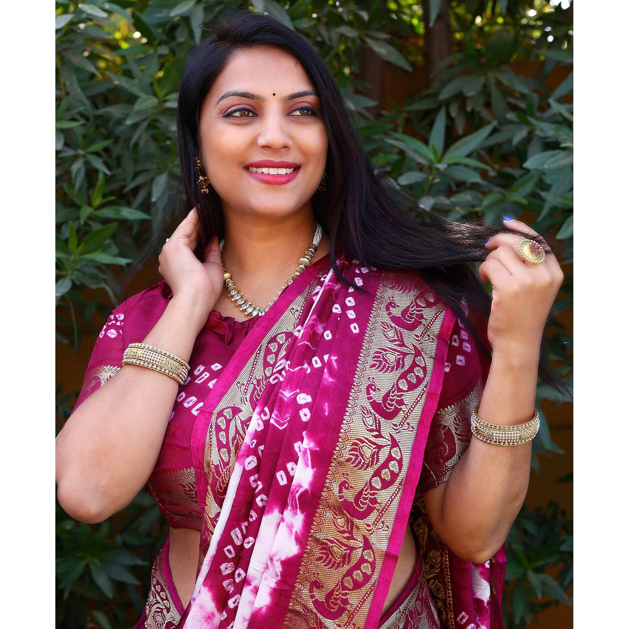 Purple Bandhani Printed Art Silk Saree - Peachmode