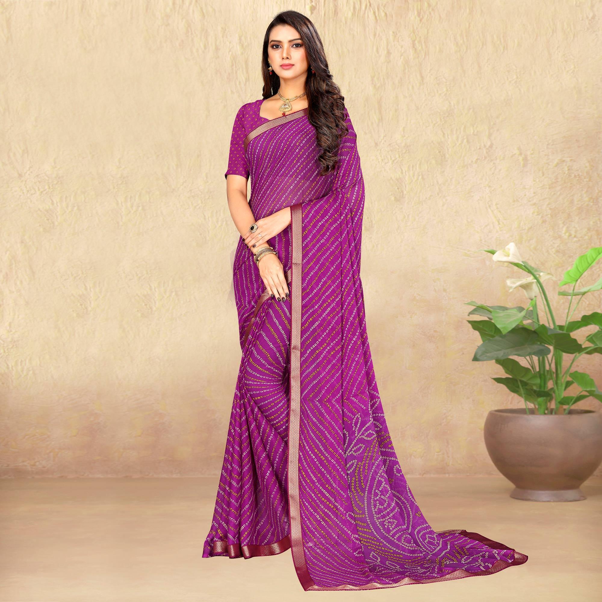 Purple Bandhani Printed Chiffon Saree - Peachmode