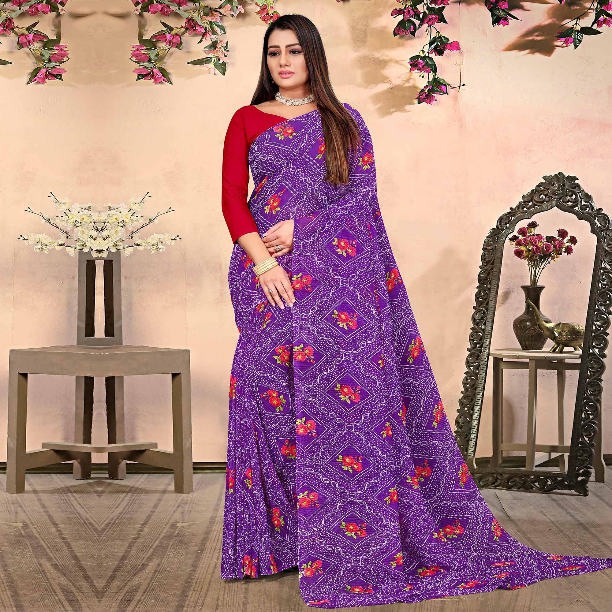 Purple Bandhani Printed Georgette Saree - Peachmode