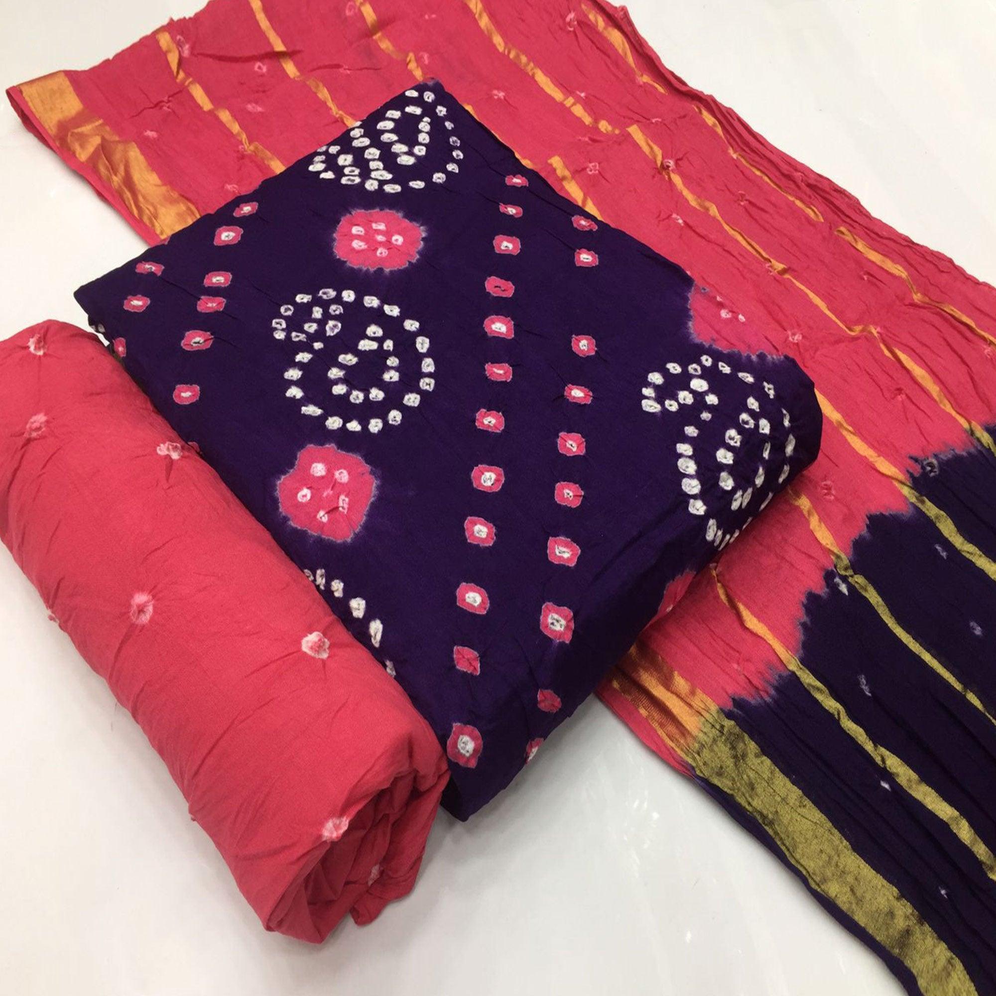 Purple Bandhani Printed Pure Cotton Dress Material - Peachmode
