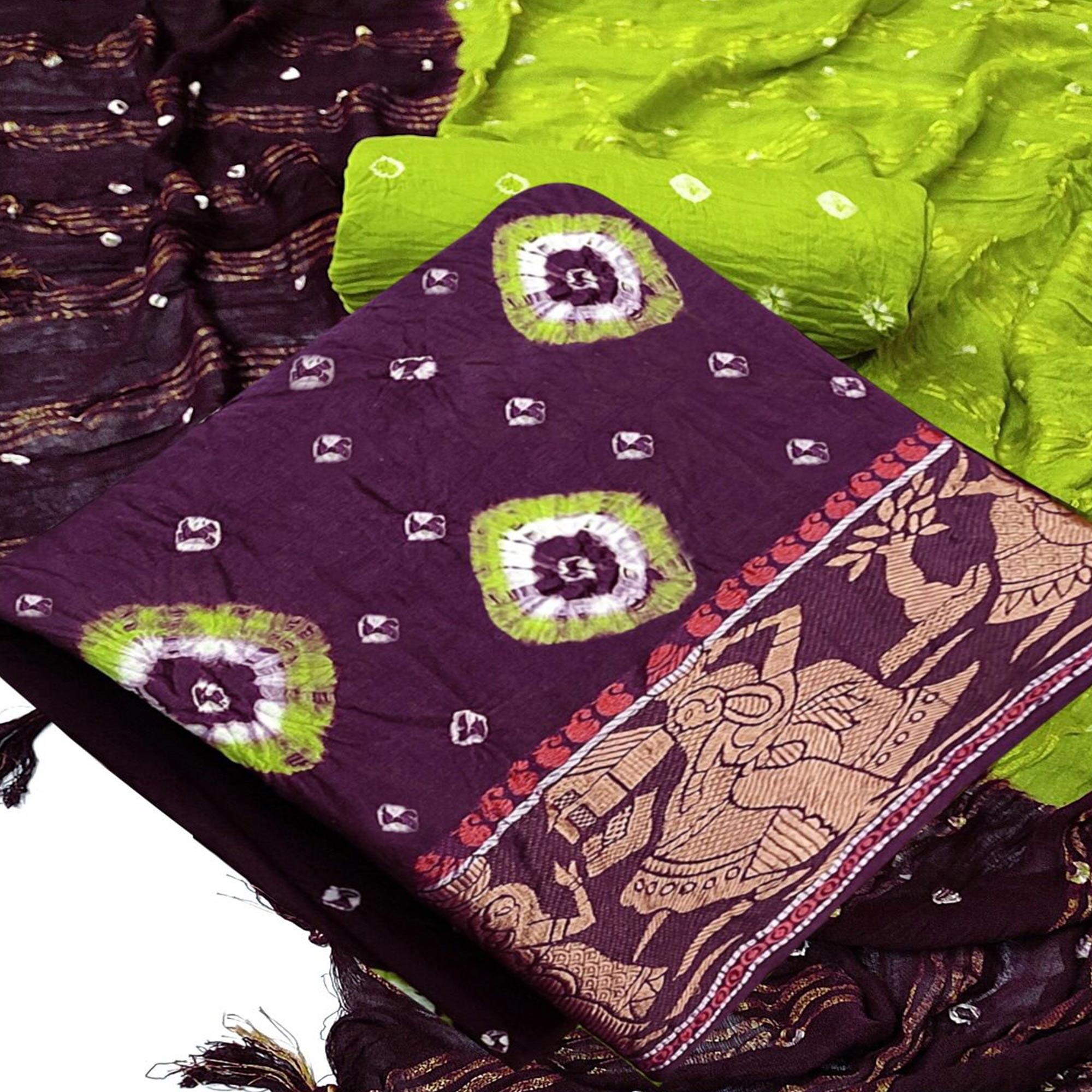 Purple Bandhani Printed Pure Cotton Dress Material - Peachmode