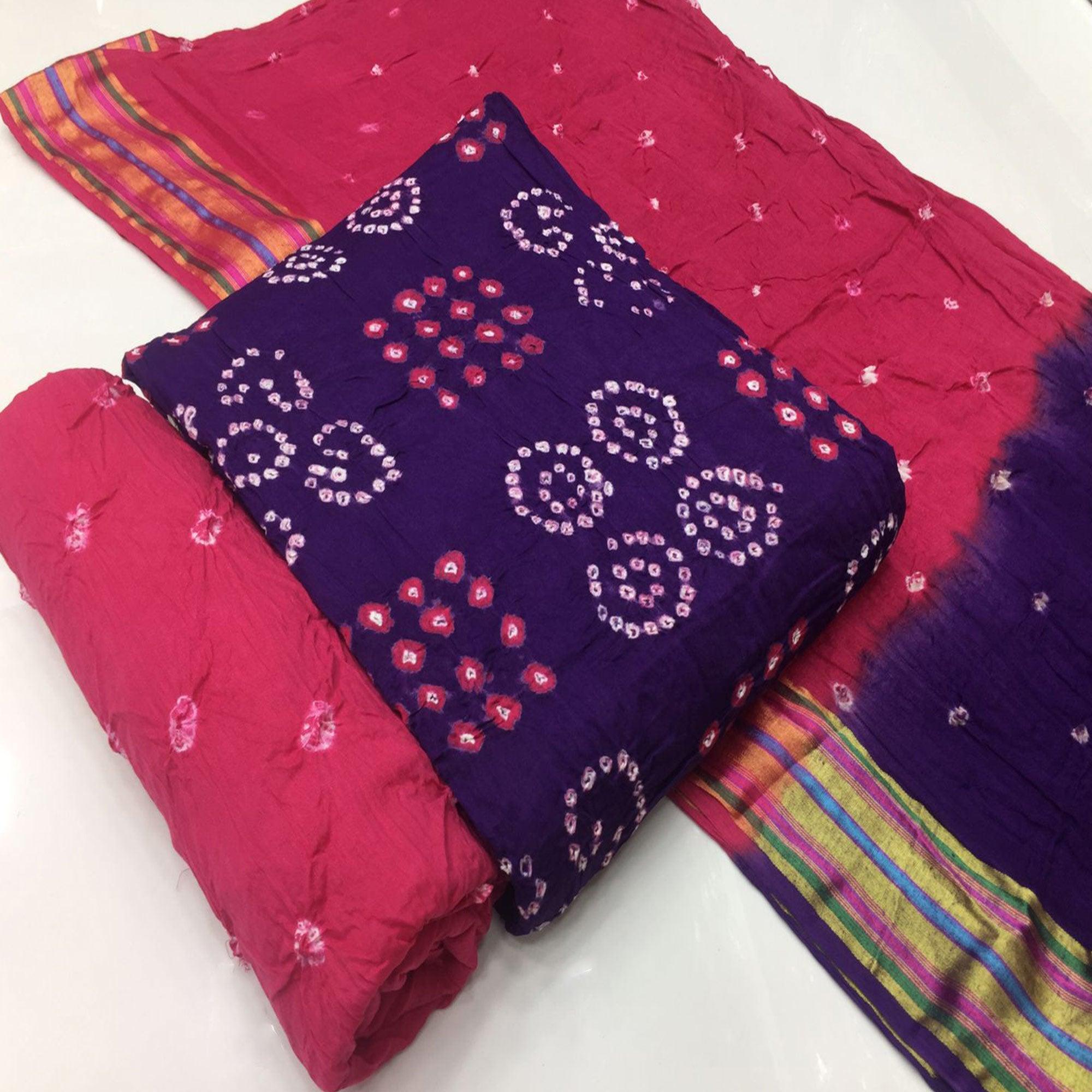 Purple Bandhani Printed Pure Cotton Dress Material - Peachmode