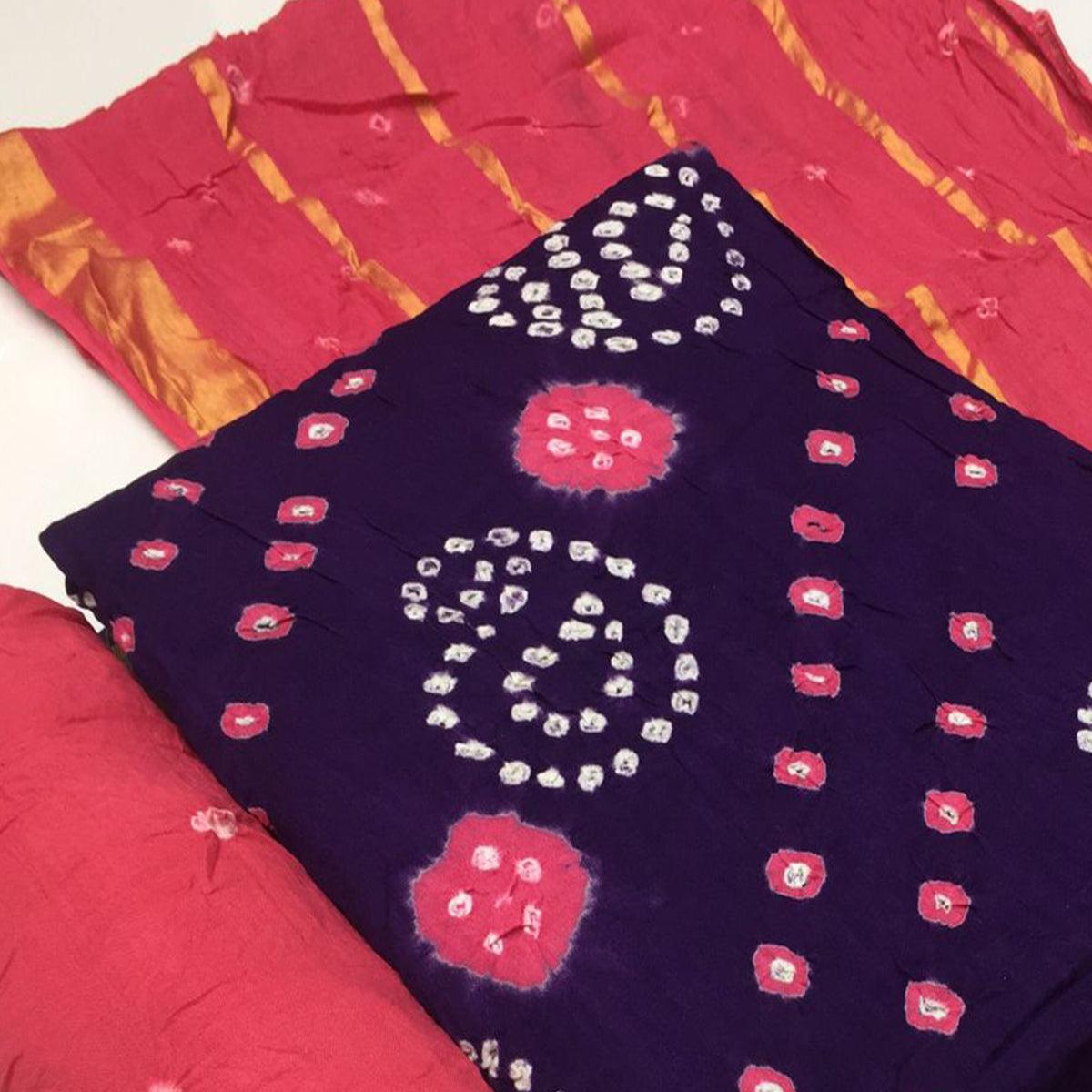 Purple Bandhani Printed Pure Cotton Dress Material - Peachmode