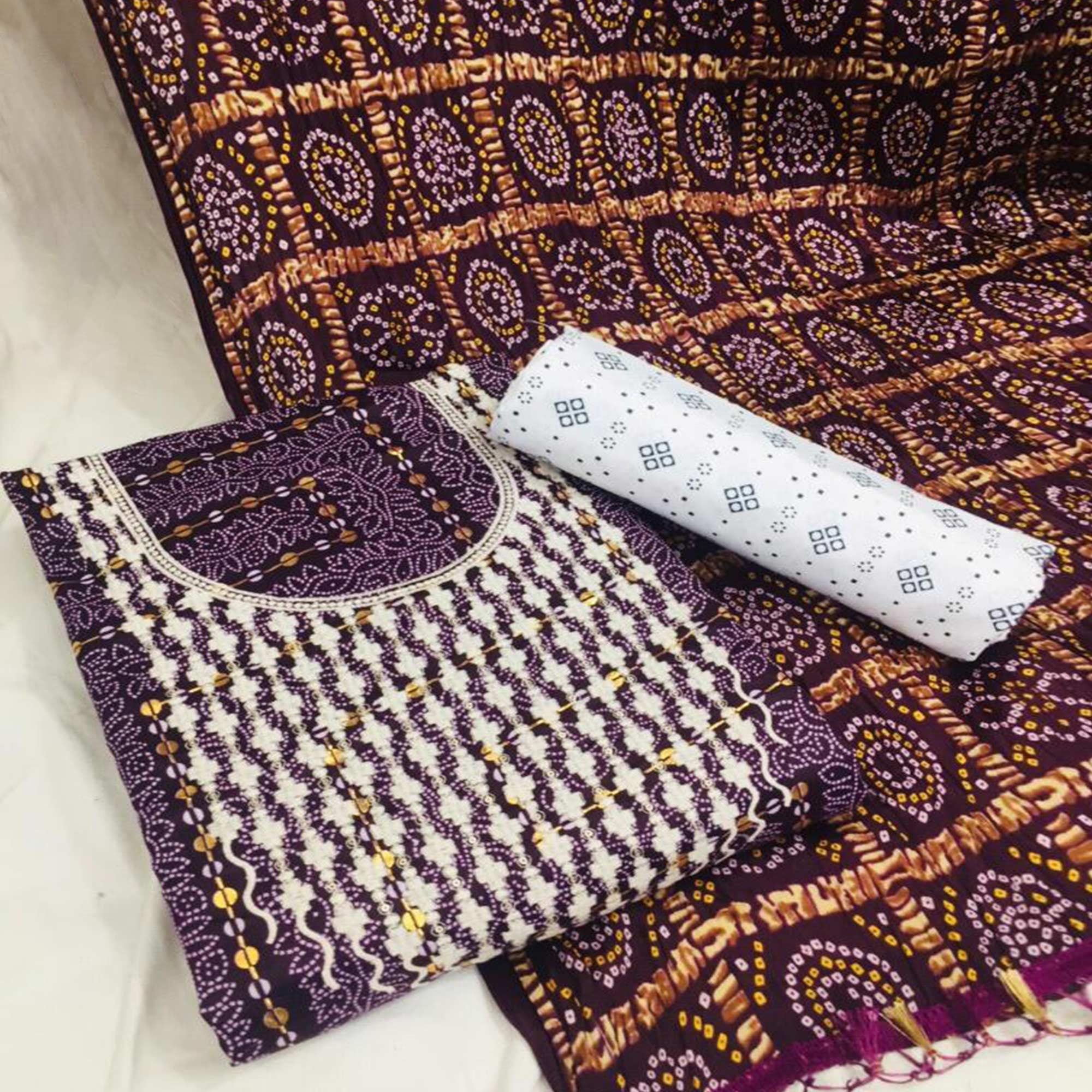 Purple Bandhani Printed With Embellished Cotton Blend Dress Material - Peachmode