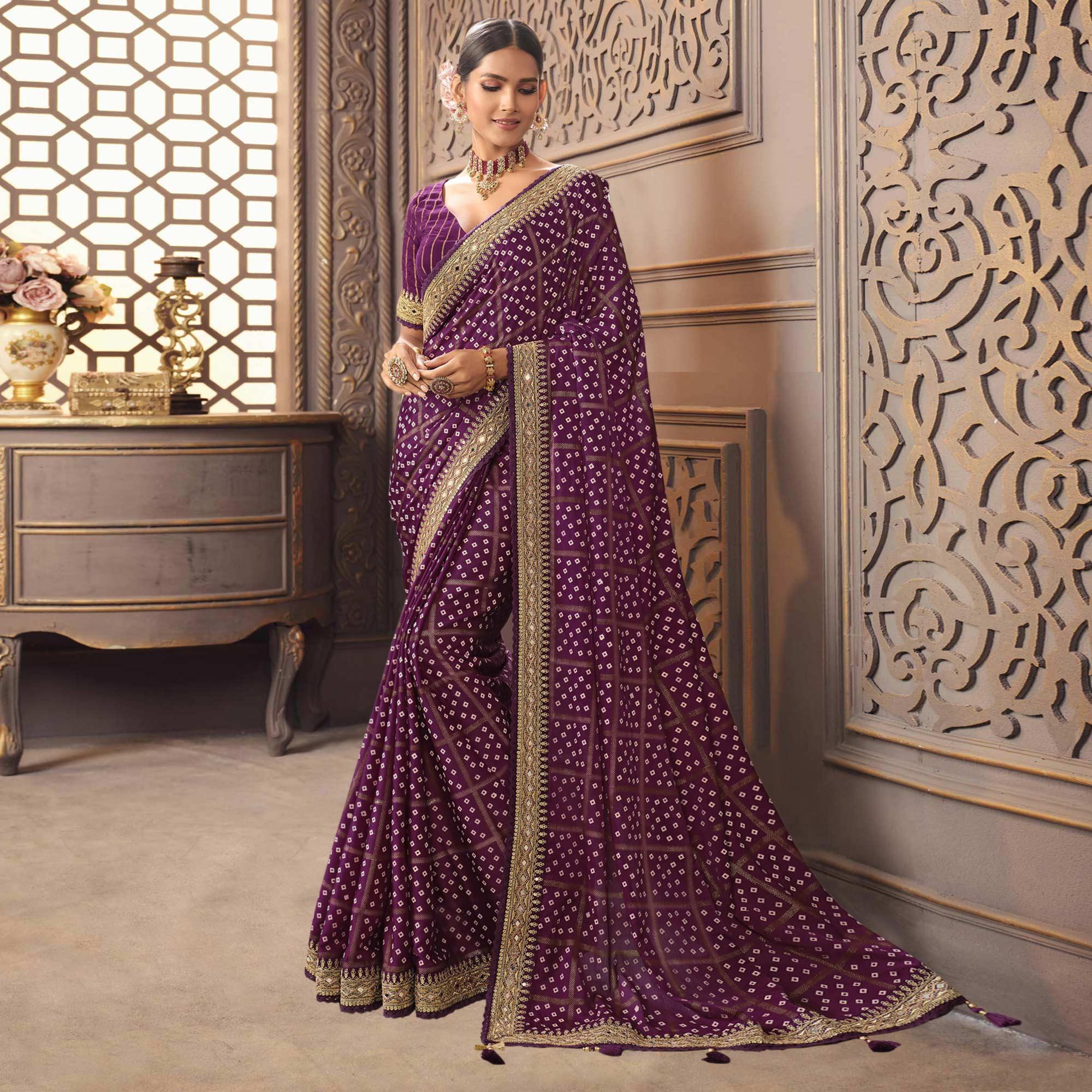 Purple Bandhani Printed With Fancy Border Organza Saree - Peachmode