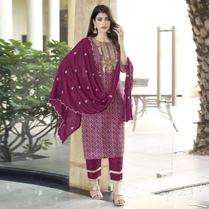 Purple Bandhani Printed With Gota Patti Muslin Salwar Suit - Peachmode