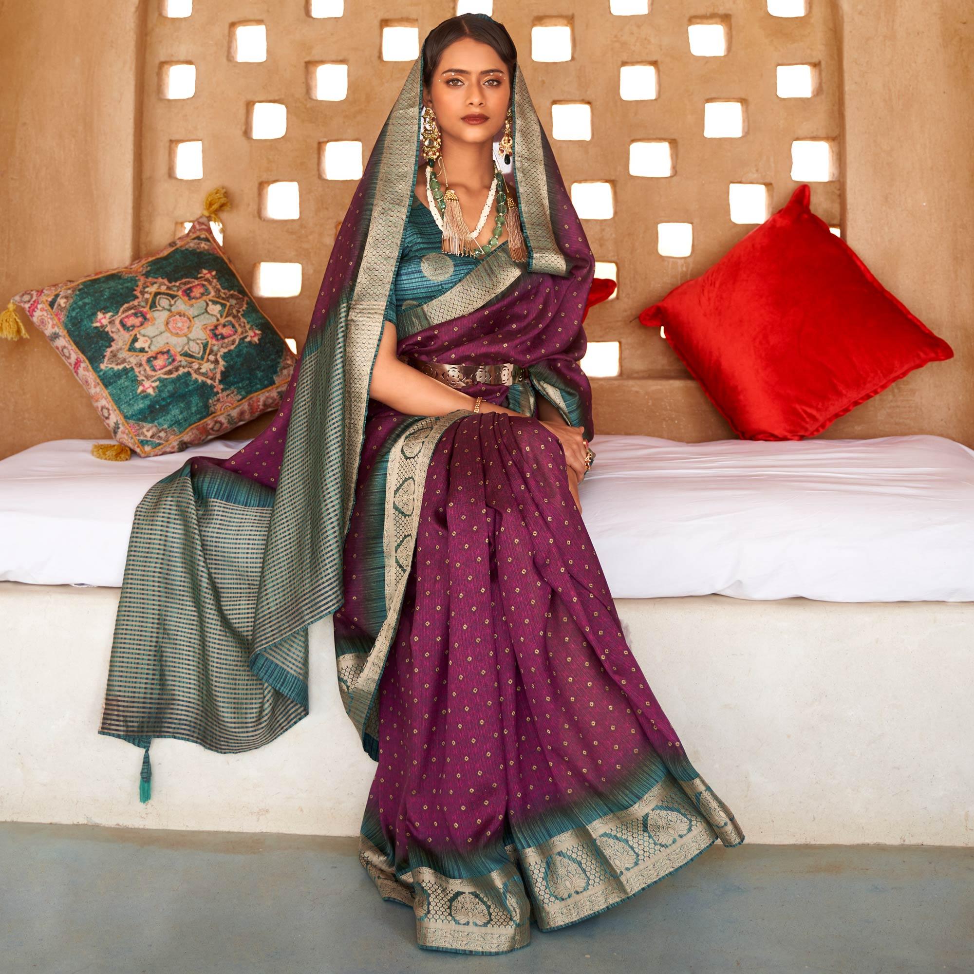 Purple Bandhani Printed With Woven Border Art Silk Saree - Peachmode