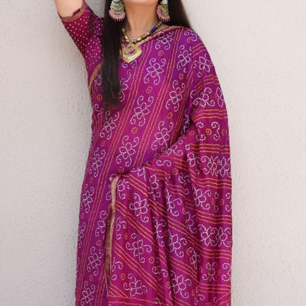 Purple Bandhani Printed With Woven Border Tapetta Silk Saree - Peachmode