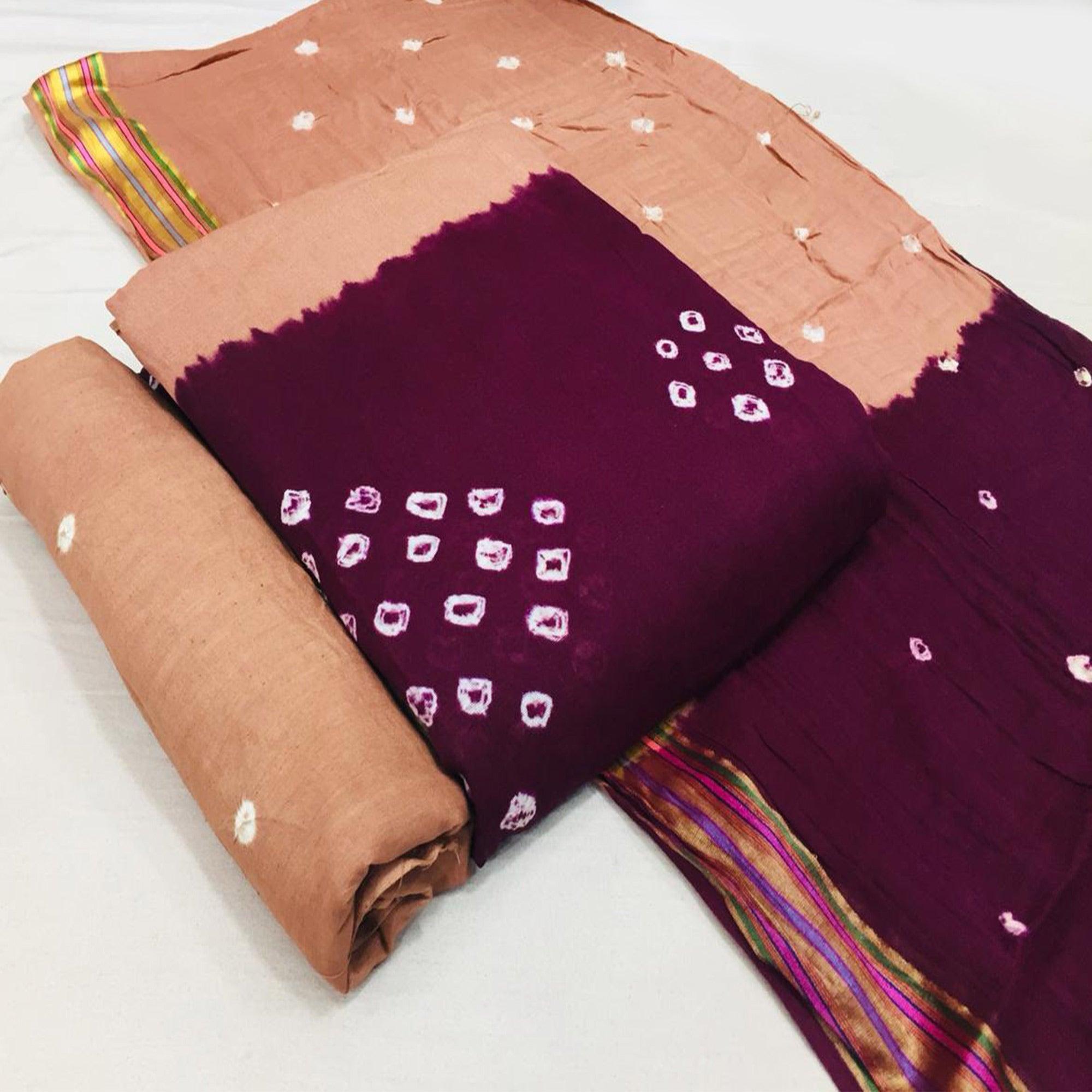 Purple-Beige Bandhani Printed Cotton Blend Dress Material - Peachmode