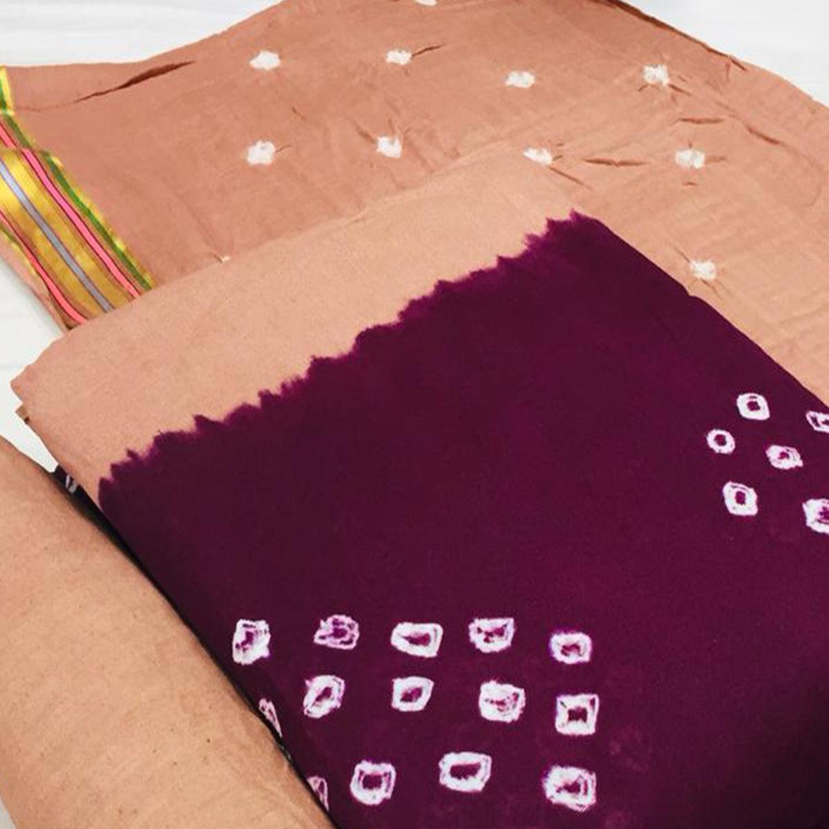 Purple-Beige Bandhani Printed Cotton Blend Dress Material - Peachmode