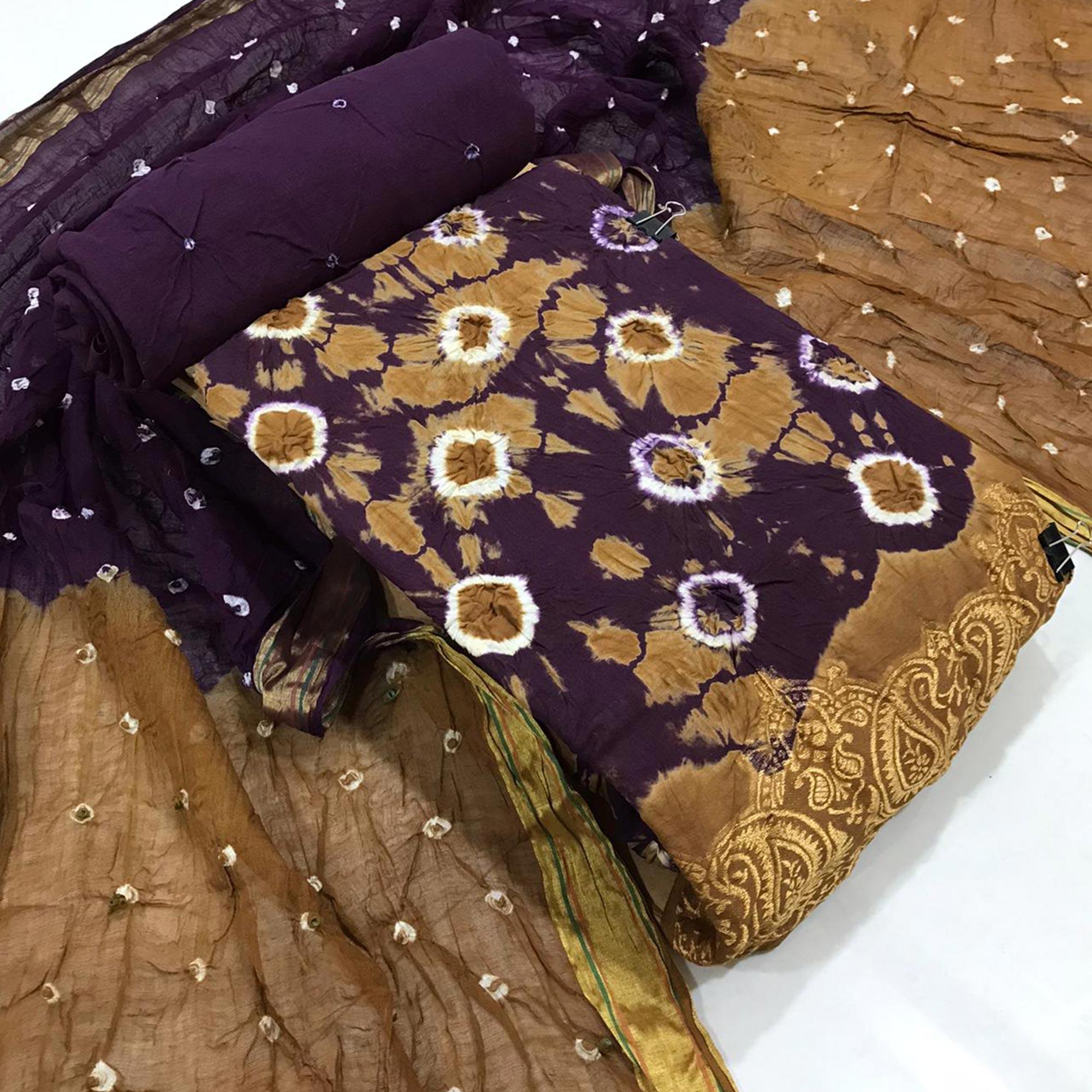 Purple-Beige Bandhani Printed Pure Cotton Dress Material - Peachmode