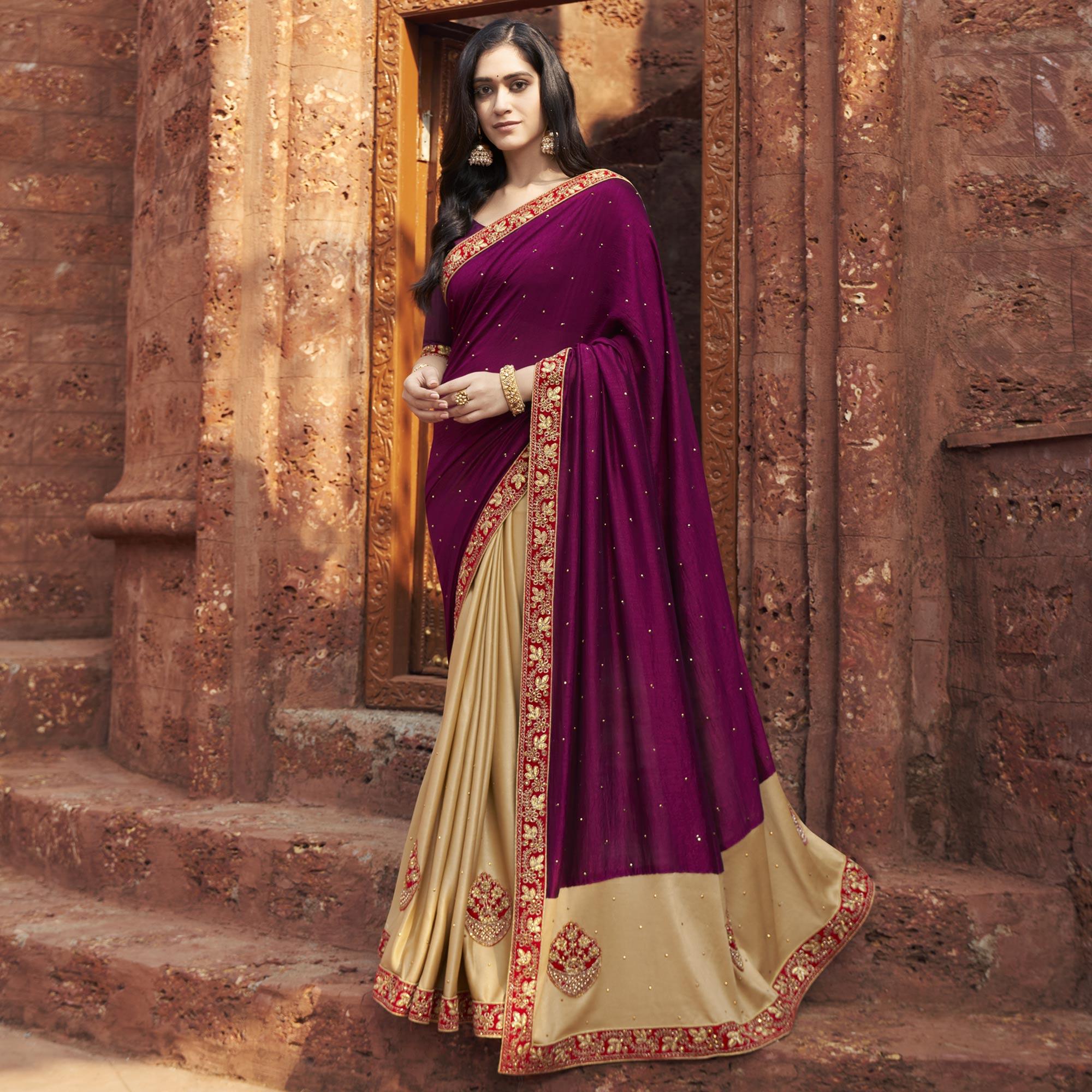 Purple-Beige Embroidered With Embellished Fancy Fabric Half & Half Saree - Peachmode