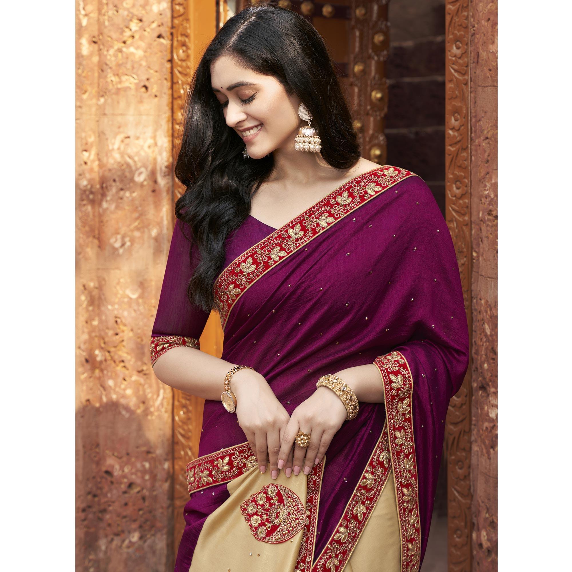 Purple-Beige Embroidered With Embellished Fancy Fabric Half & Half Saree - Peachmode