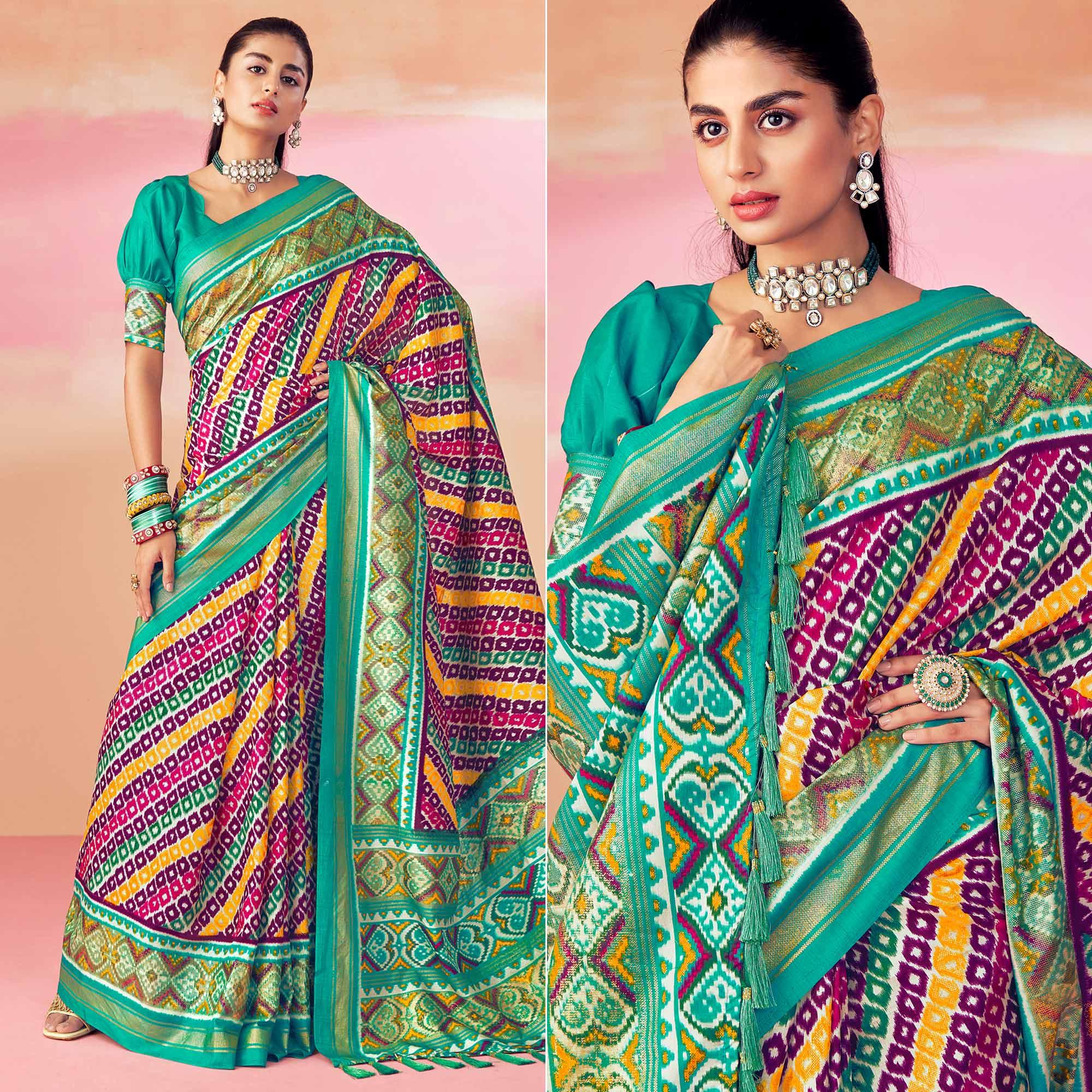 Purple-Blue Patola Printed Art Silk Saree With Tassels - Peachmode