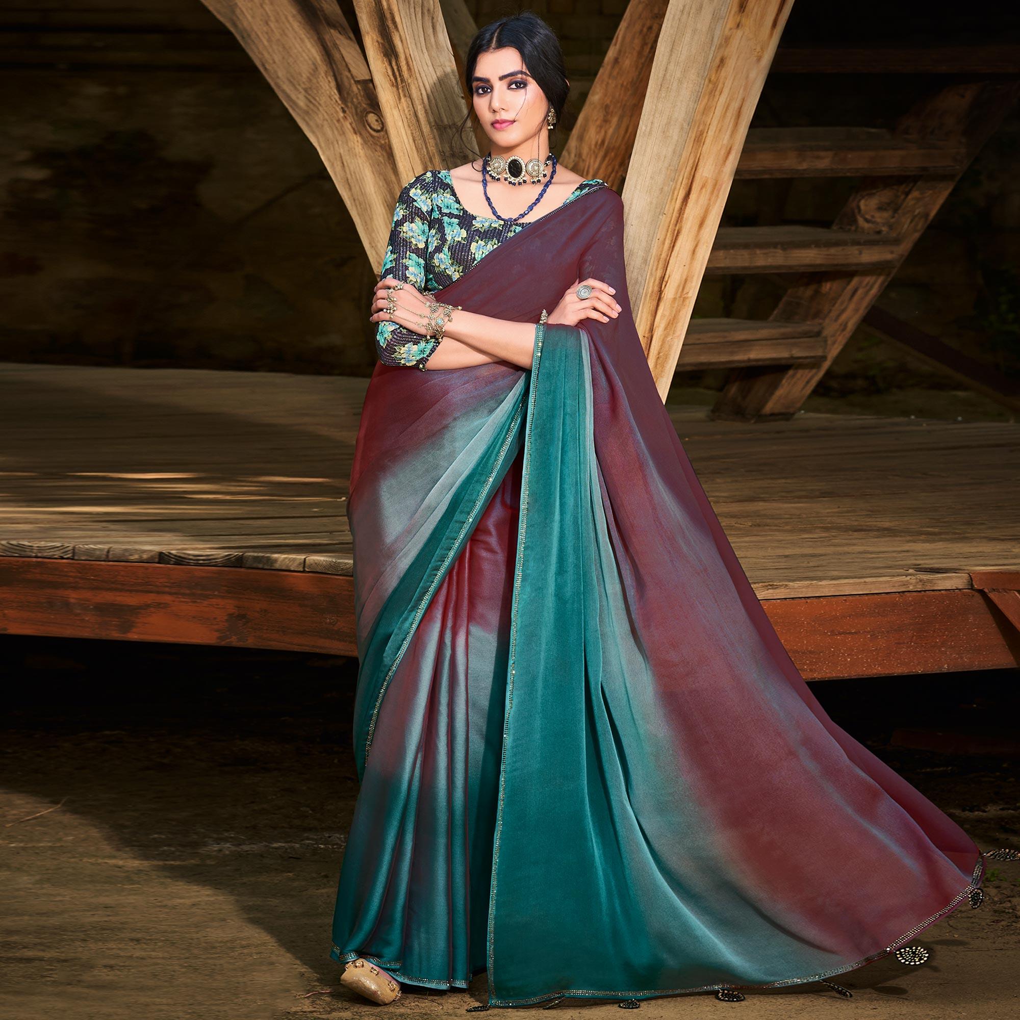 Purple-Blue Solid Chiffon Saree - Peachmode
