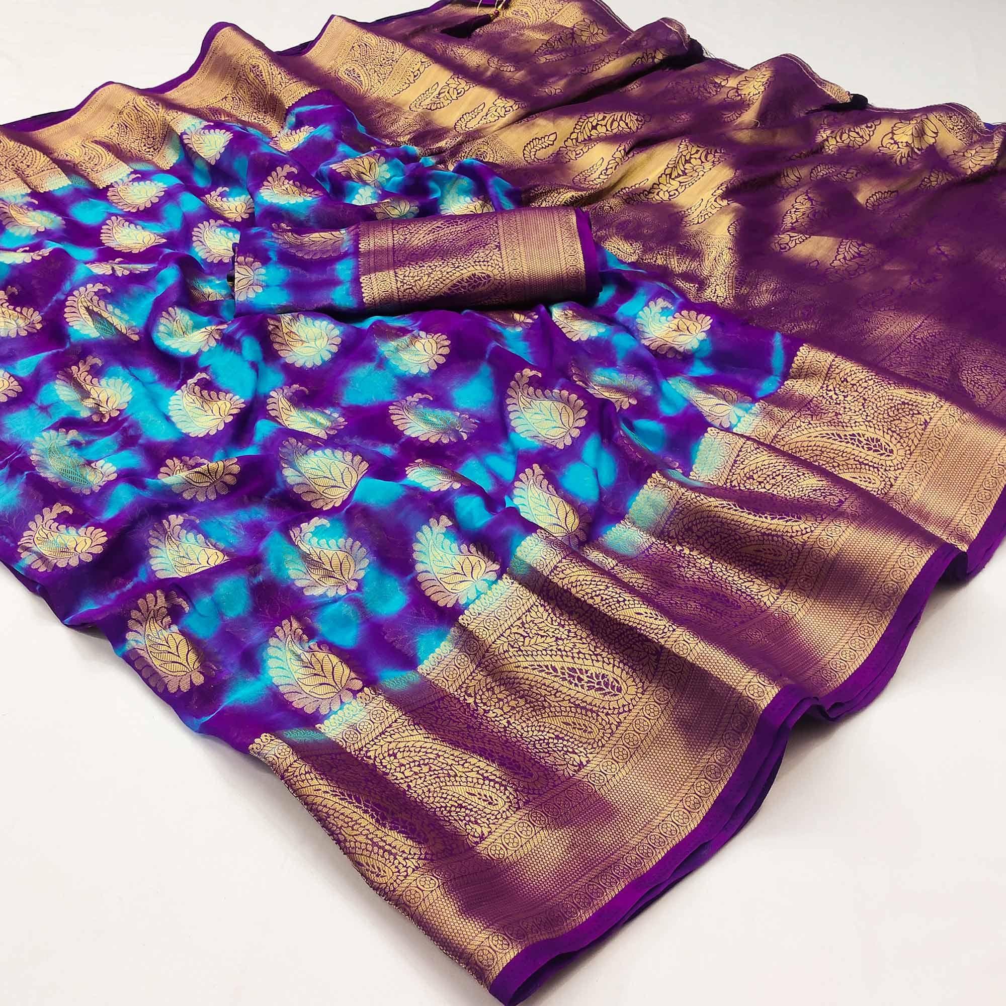 Purple-Blue Woven Jacquard Saree With Tassels - Peachmode