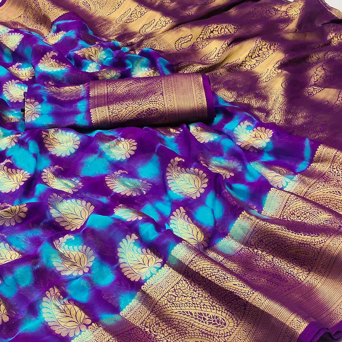 Purple-Blue Woven Jacquard Saree With Tassels - Peachmode