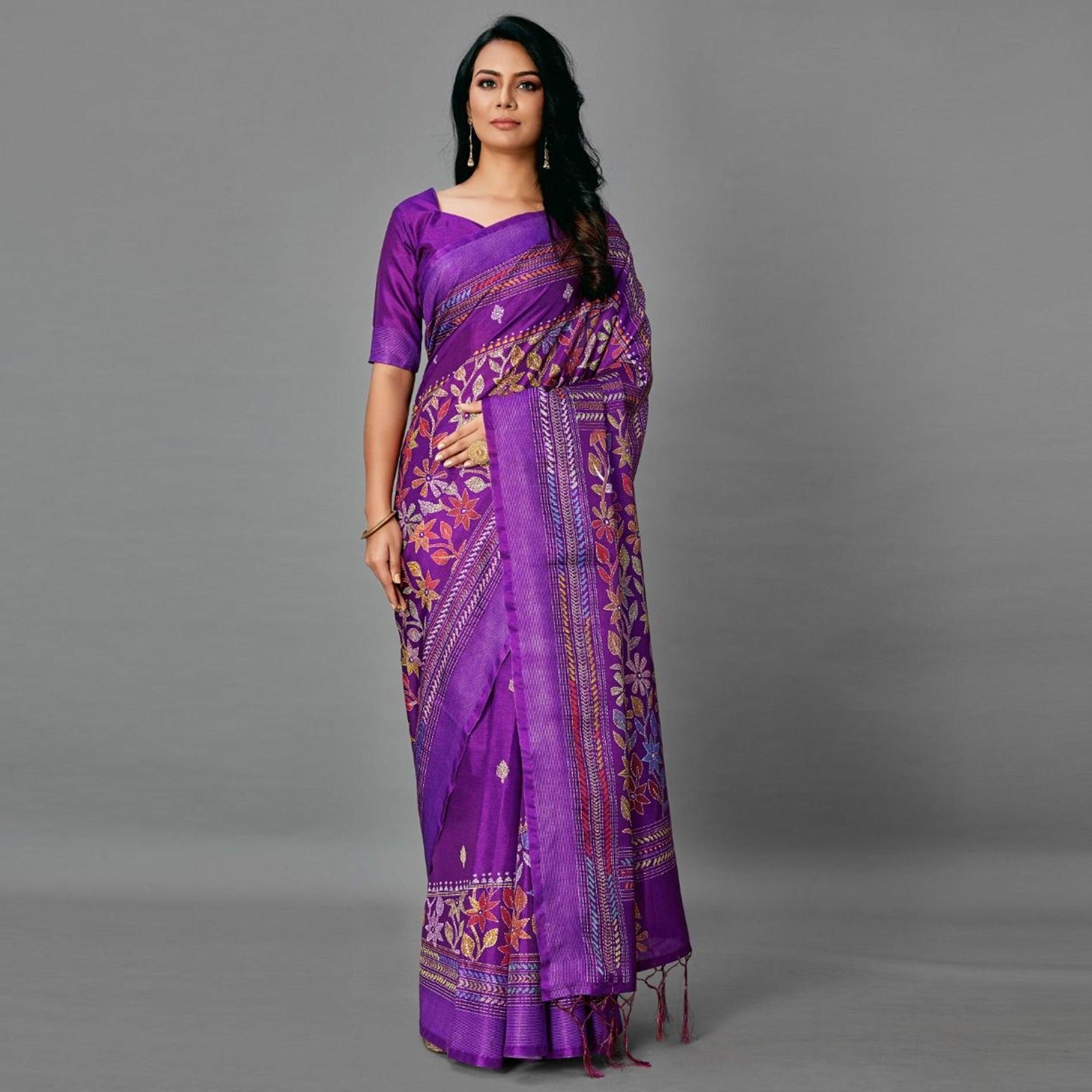 Purple Casual Art Silk Printed Saree With Unstitched Blouse - Peachmode
