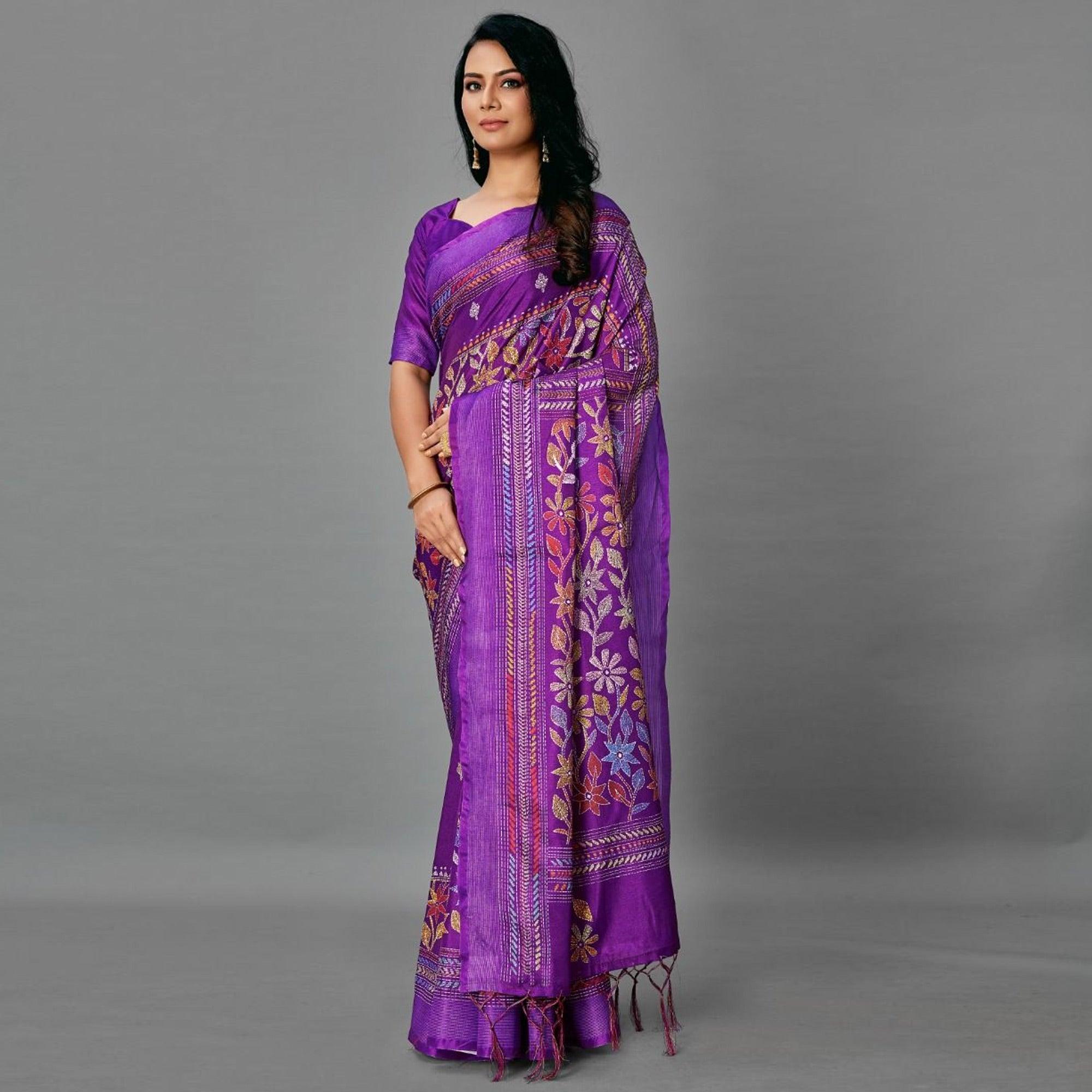Purple Casual Art Silk Printed Saree With Unstitched Blouse - Peachmode
