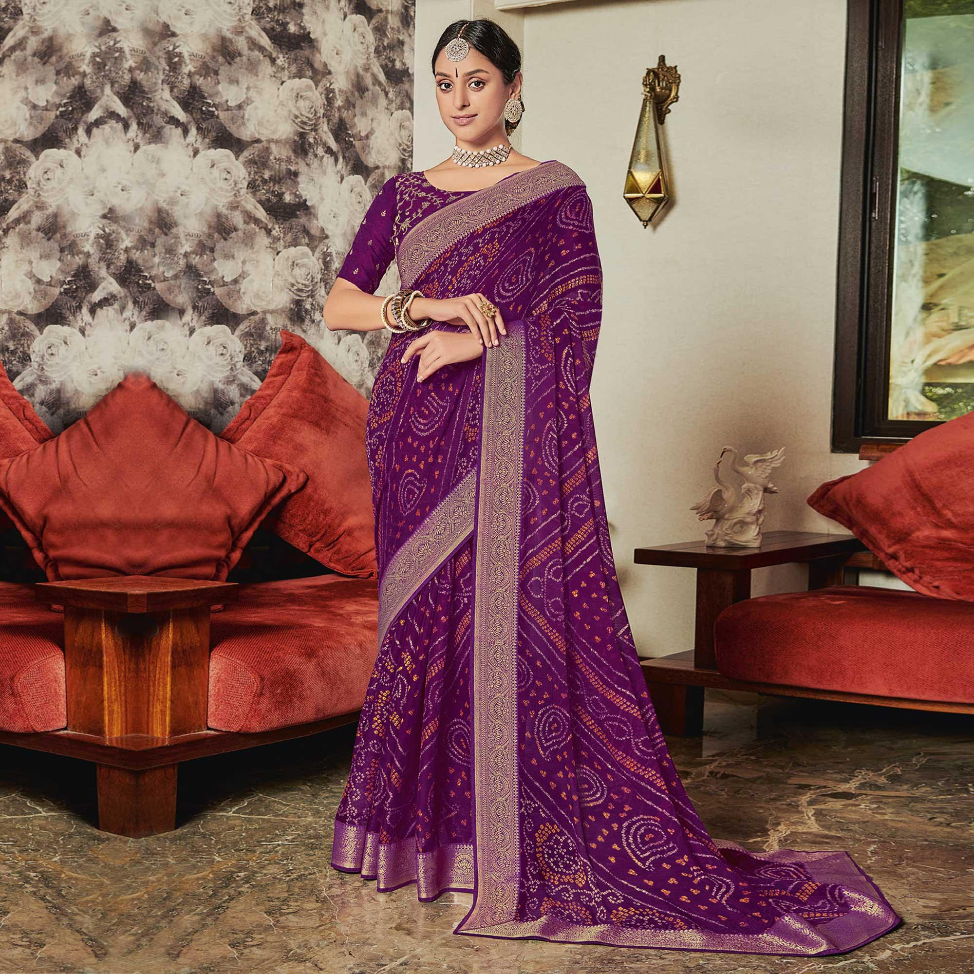 Purple Casual Wear Bandhani Printed Chiffon Saree - Peachmode