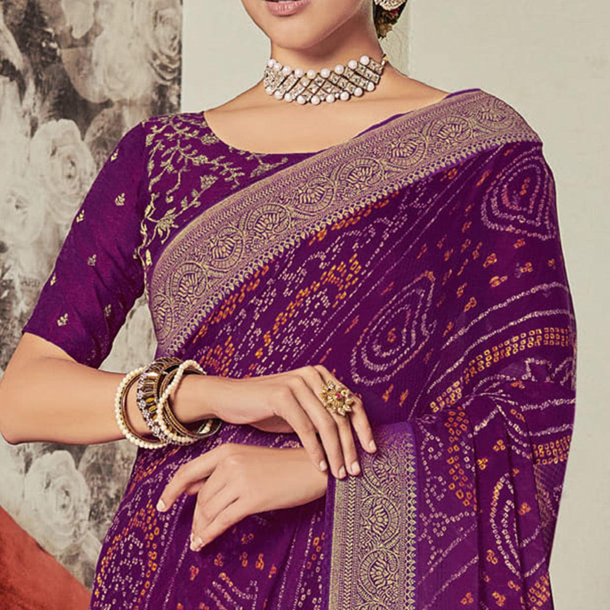 Purple Casual Wear Bandhani Printed Chiffon Saree - Peachmode