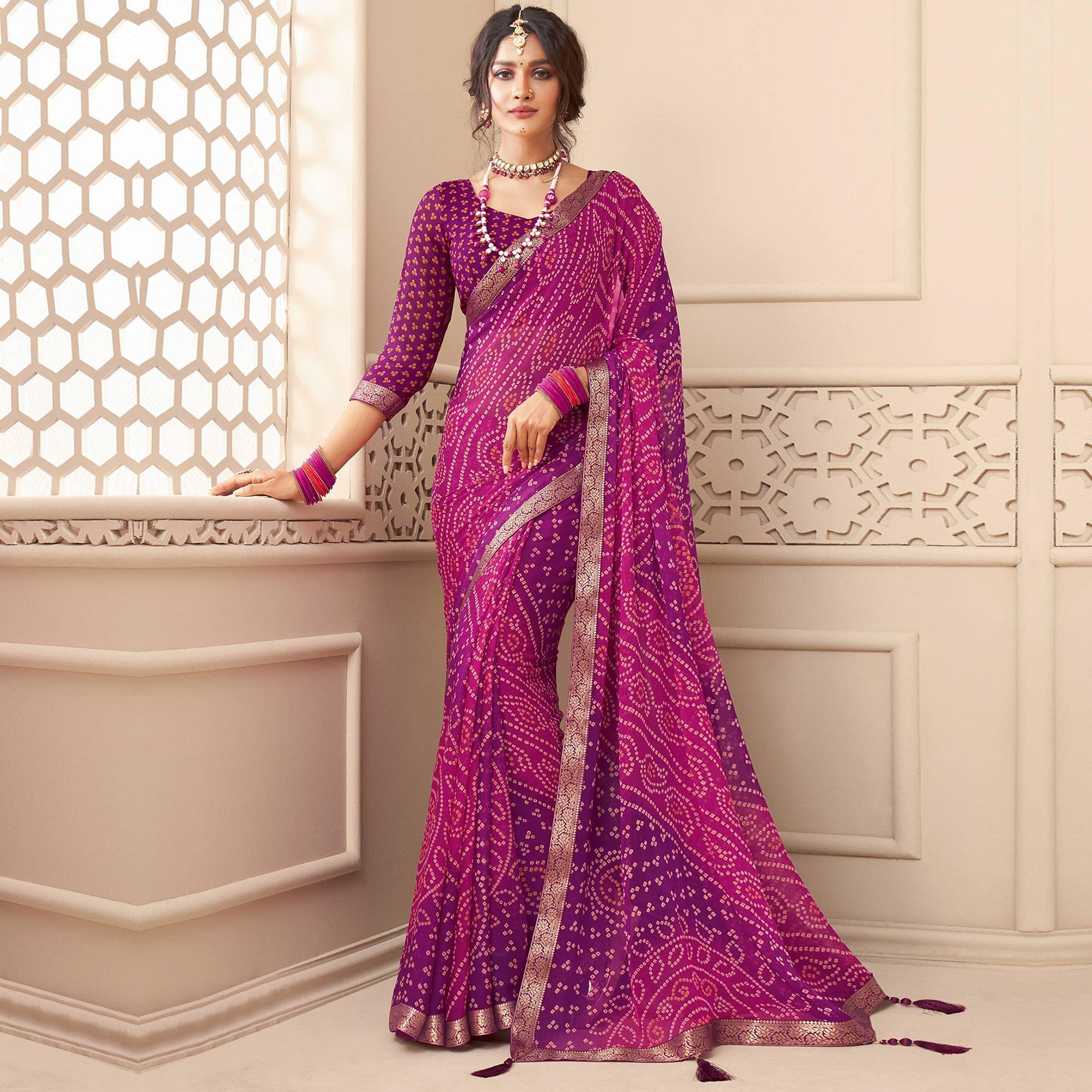 Purple Casual Wear Bandhani Printed Chiffon Saree With Tassels - Peachmode