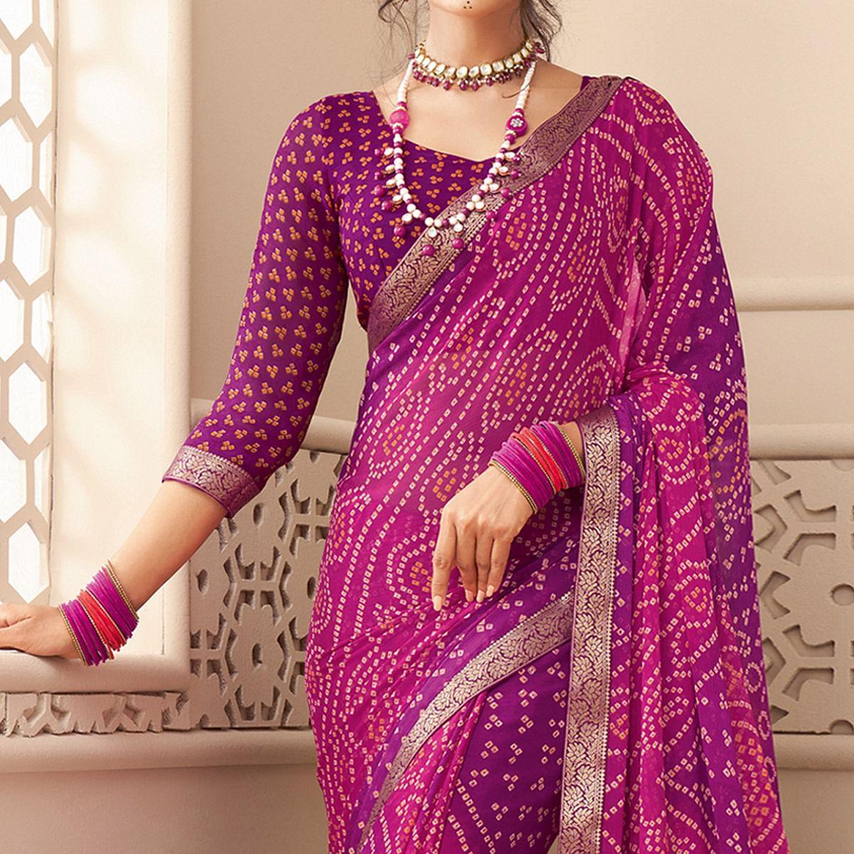 Purple Casual Wear Bandhani Printed Chiffon Saree With Tassels - Peachmode