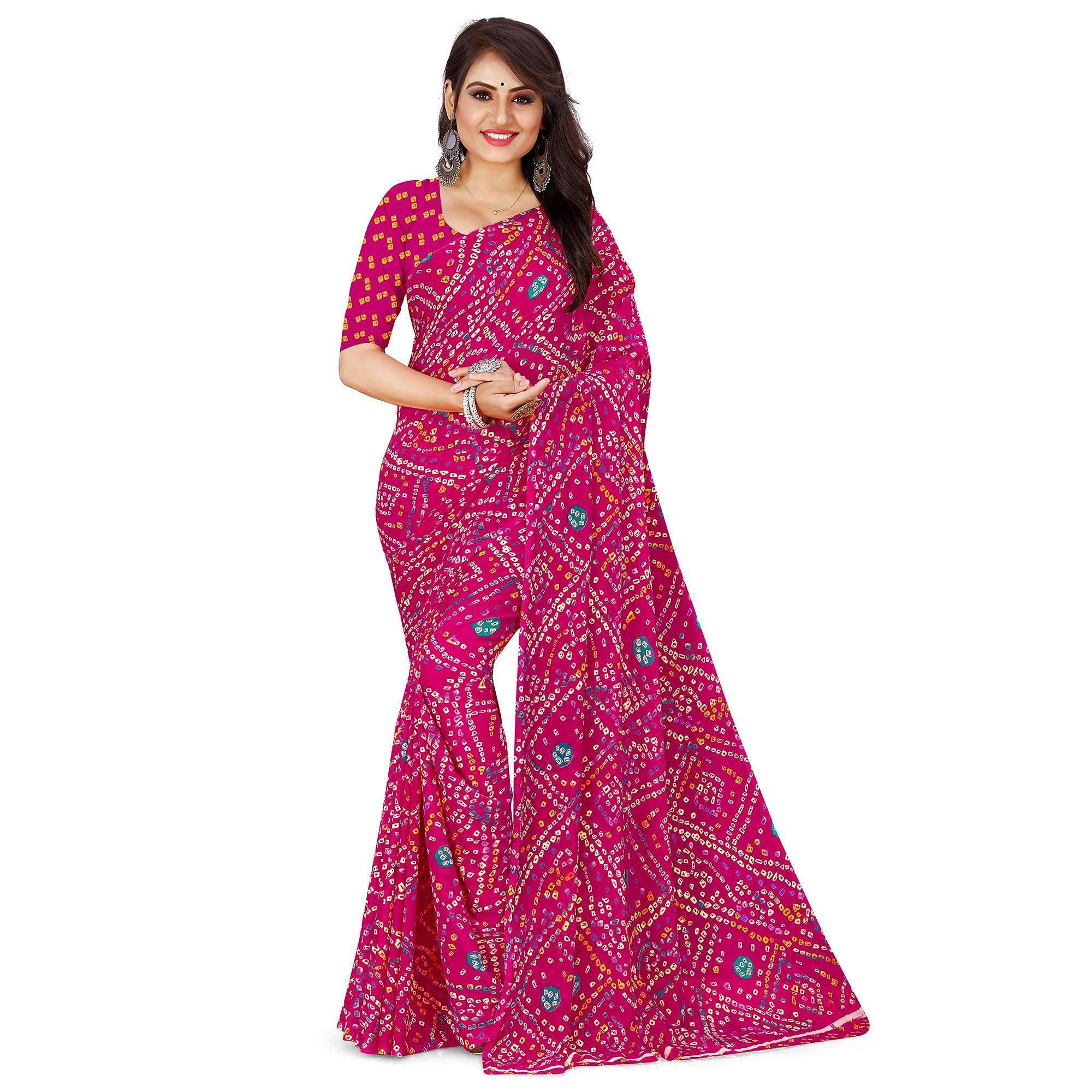 Purple Casual Wear Bandhani Printed Georgette Saree - Peachmode