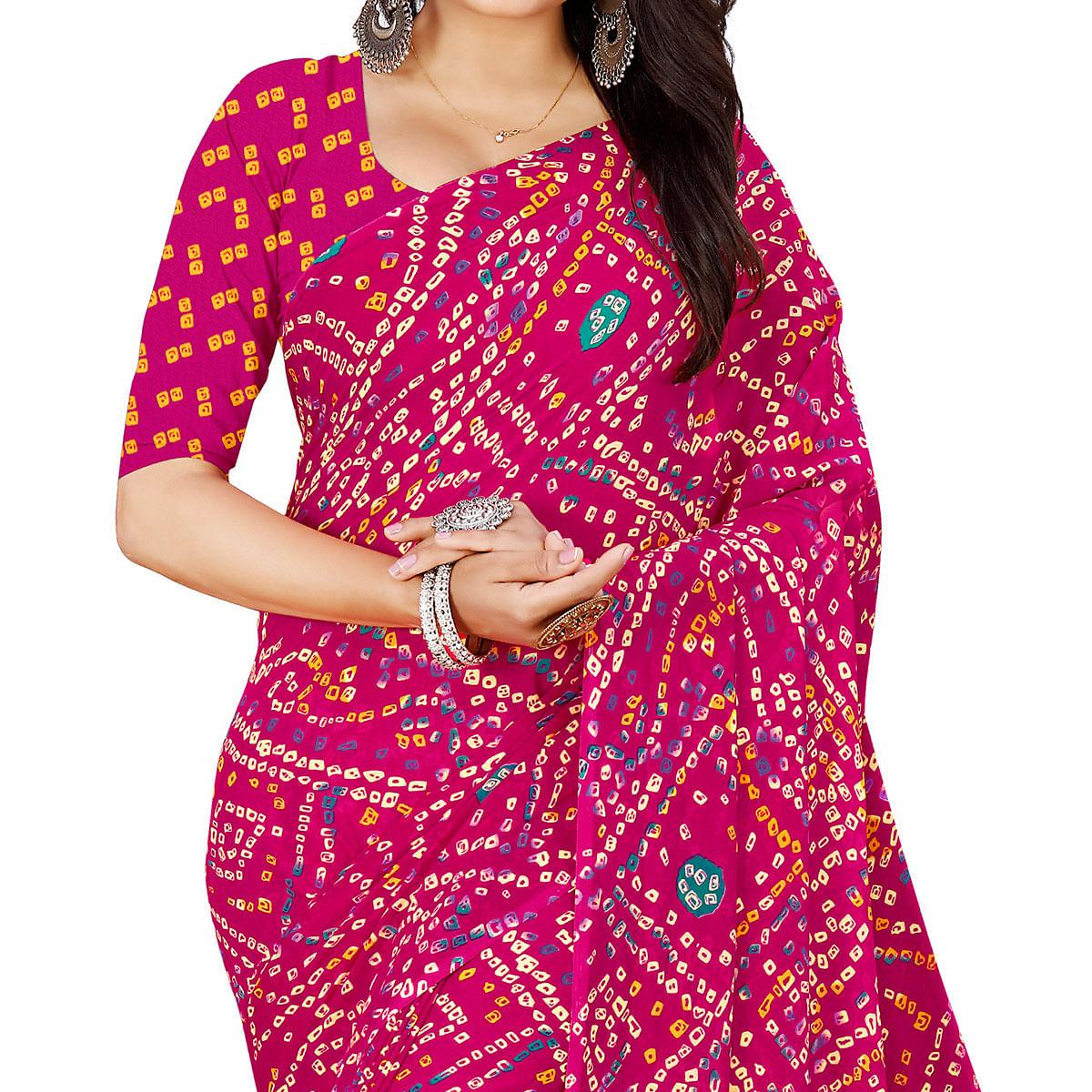 Purple Casual Wear Bandhani Printed Georgette Saree - Peachmode