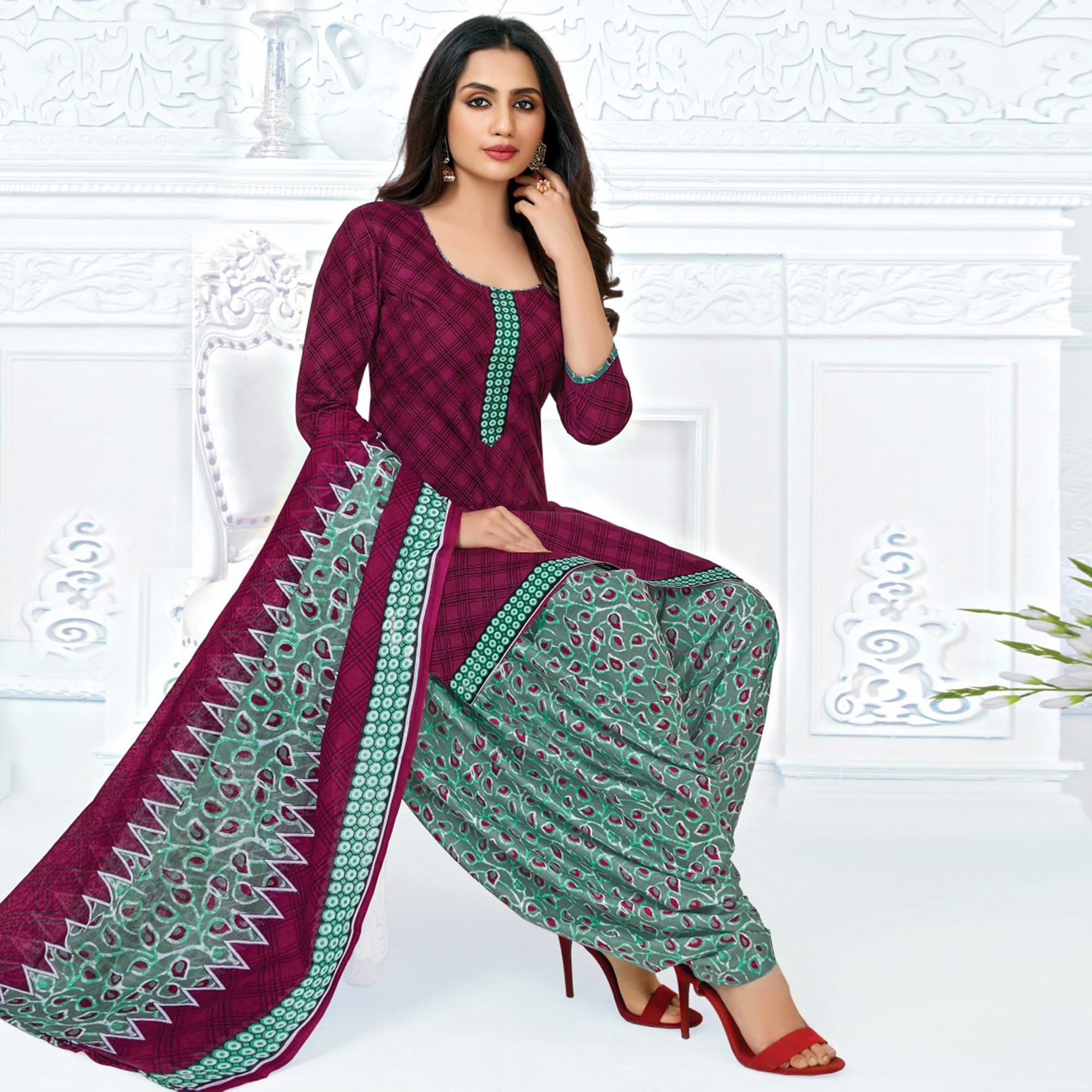 Purple Casual Wear Checks Printed Cotton Patiala Dress Material - Peachmode