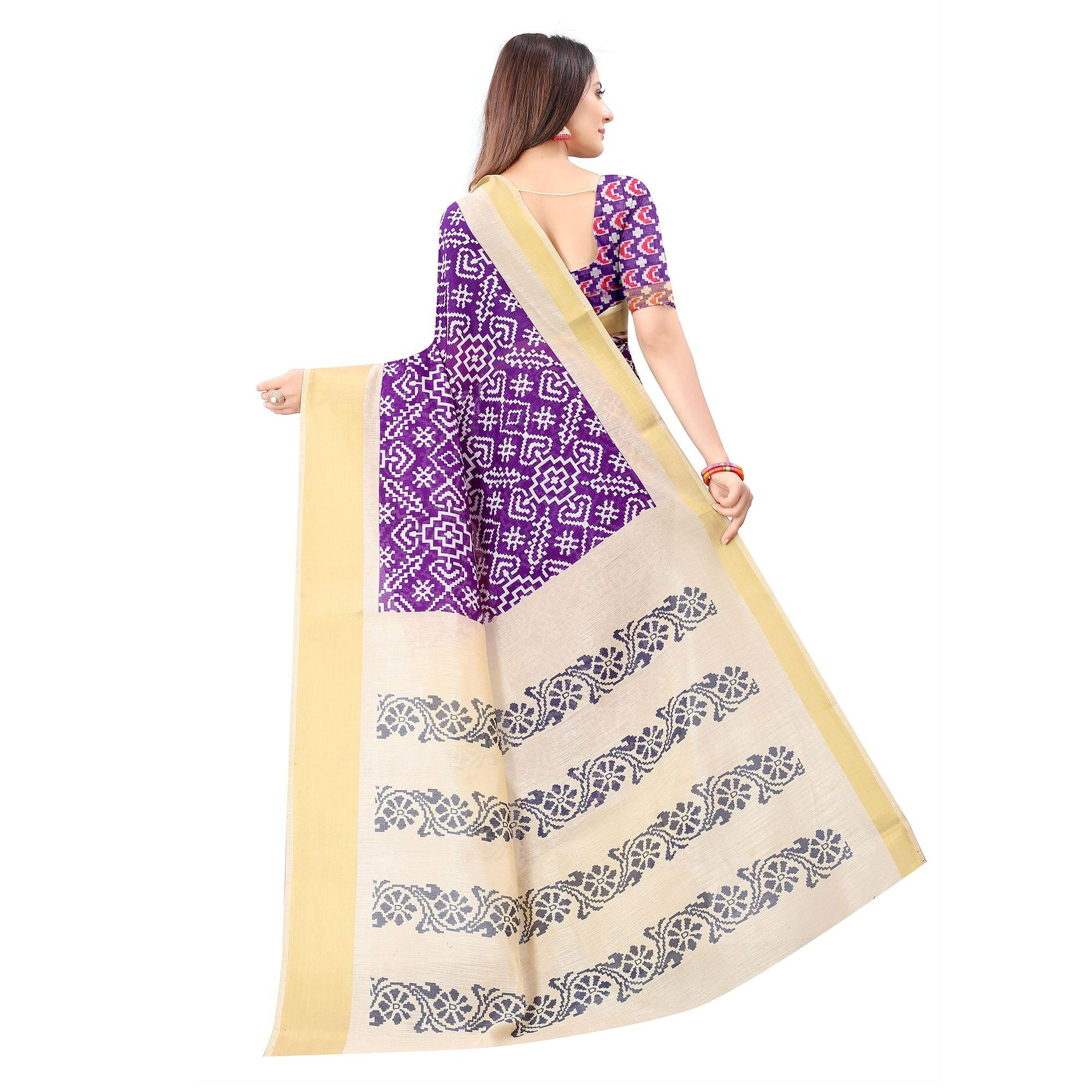 Purple Casual Wear Designer Hand Block Printed Cotton Linen Saree - Peachmode