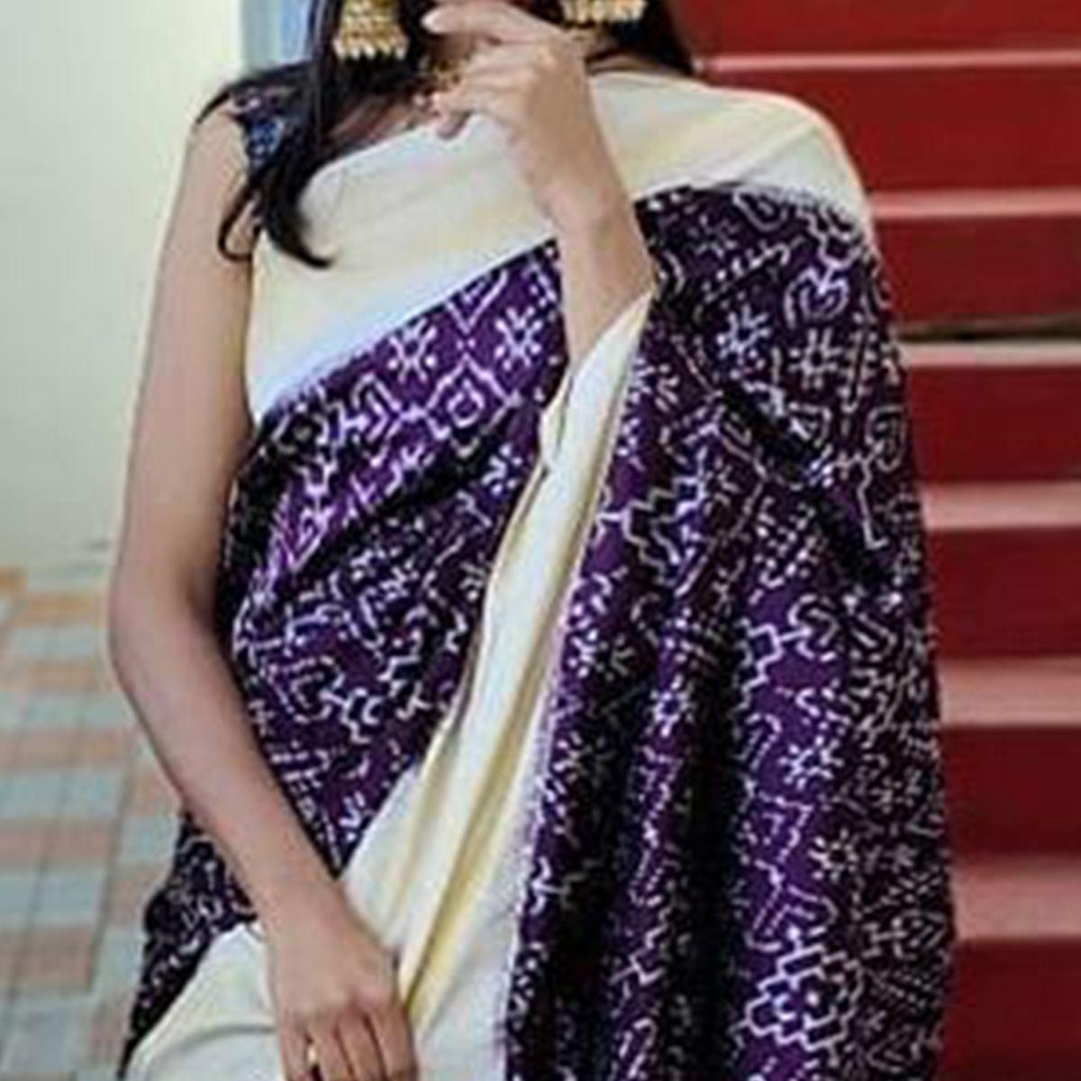 Purple Casual Wear Designer Hand Block Printed Cotton Linen Saree - Peachmode