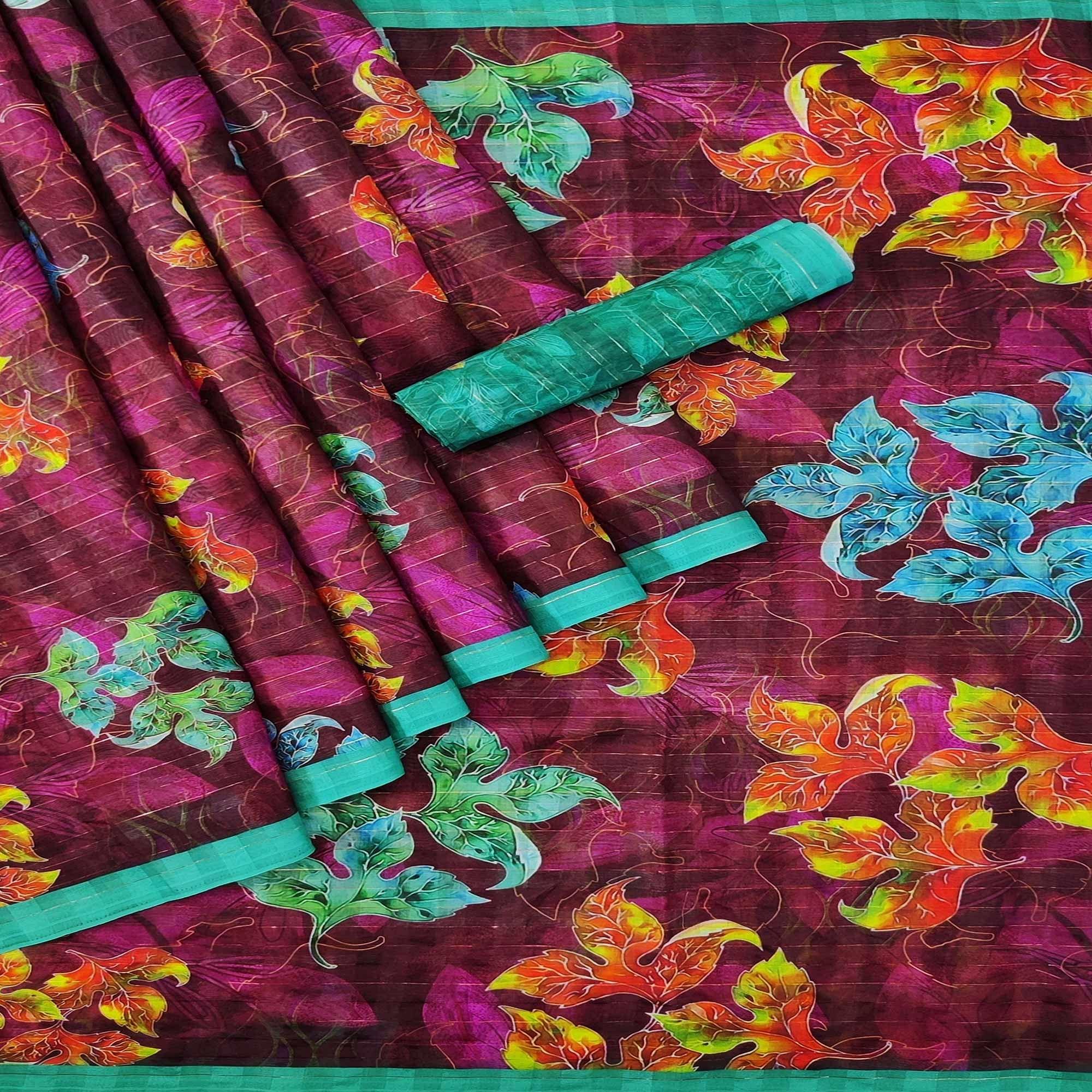 Purple Casual Wear Digital Printed Cotton Silk Saree - Peachmode