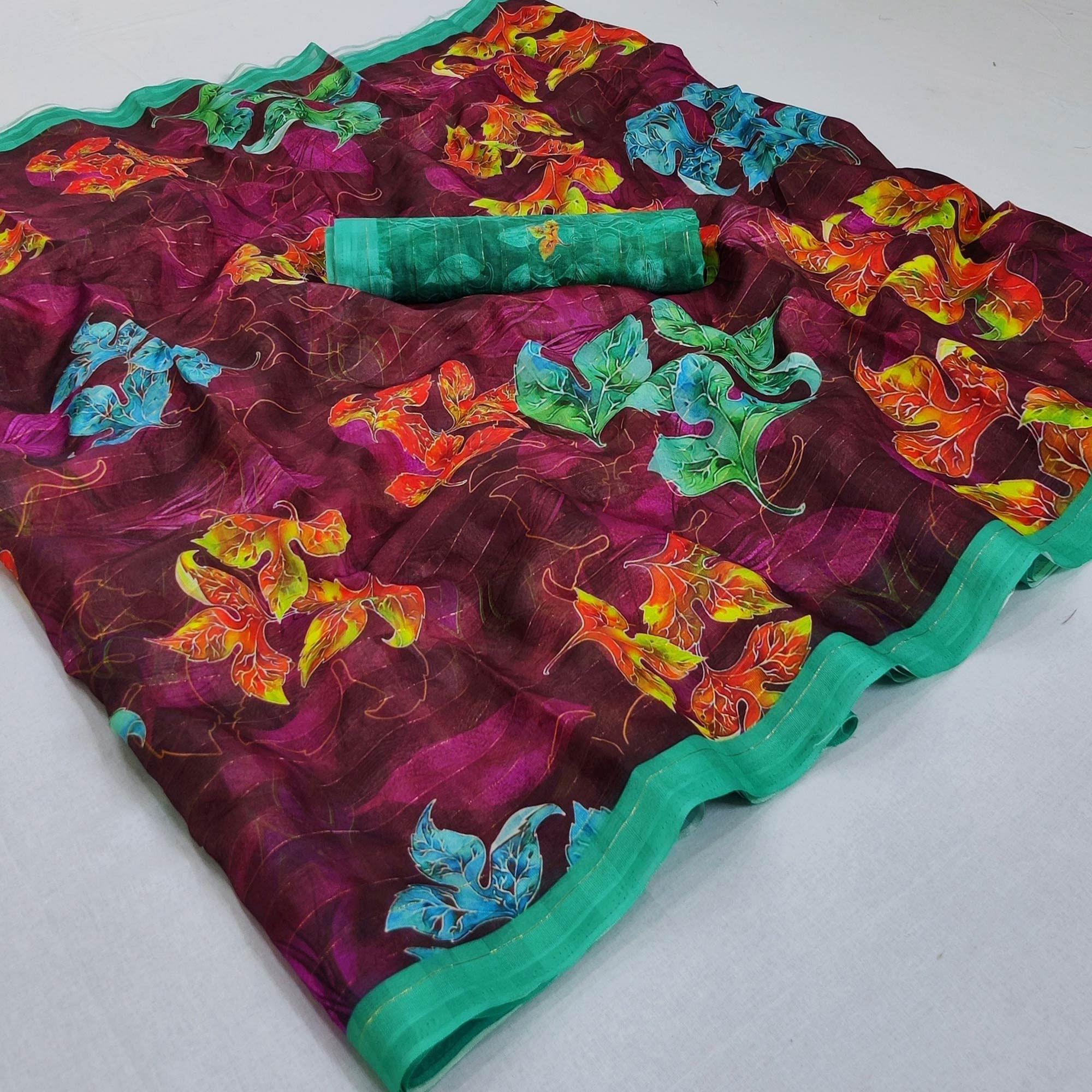 Purple Casual Wear Digital Printed Cotton Silk Saree - Peachmode